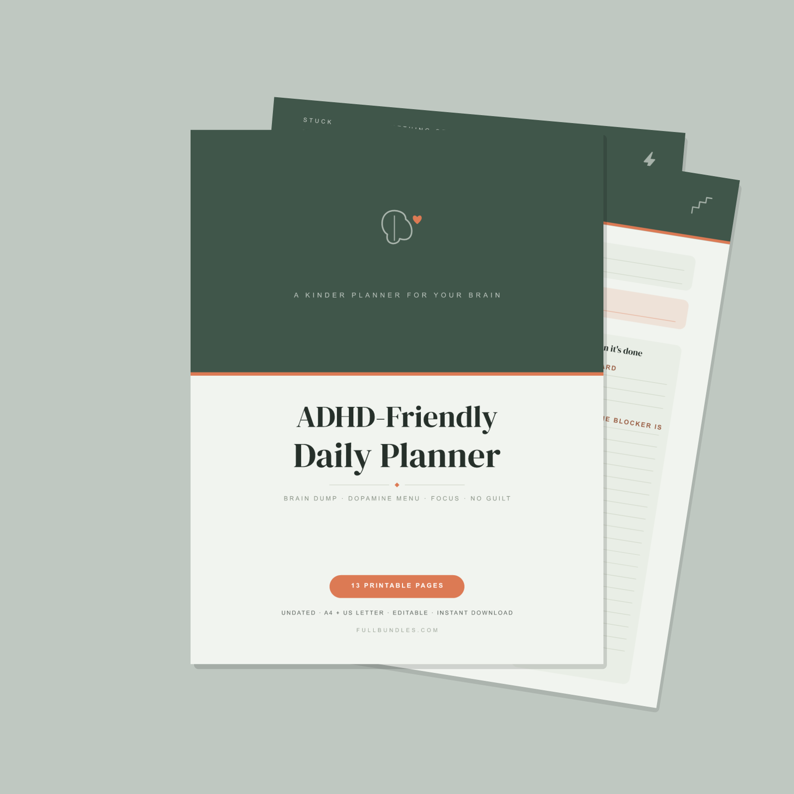 ADHD-Friendly Daily Planner — Sage Green — 13 Printable Pages (Brain Dump, Dopamine Menu, Task Breakdown & Focus Sprints · A4 + US Letter PDF + SVG)