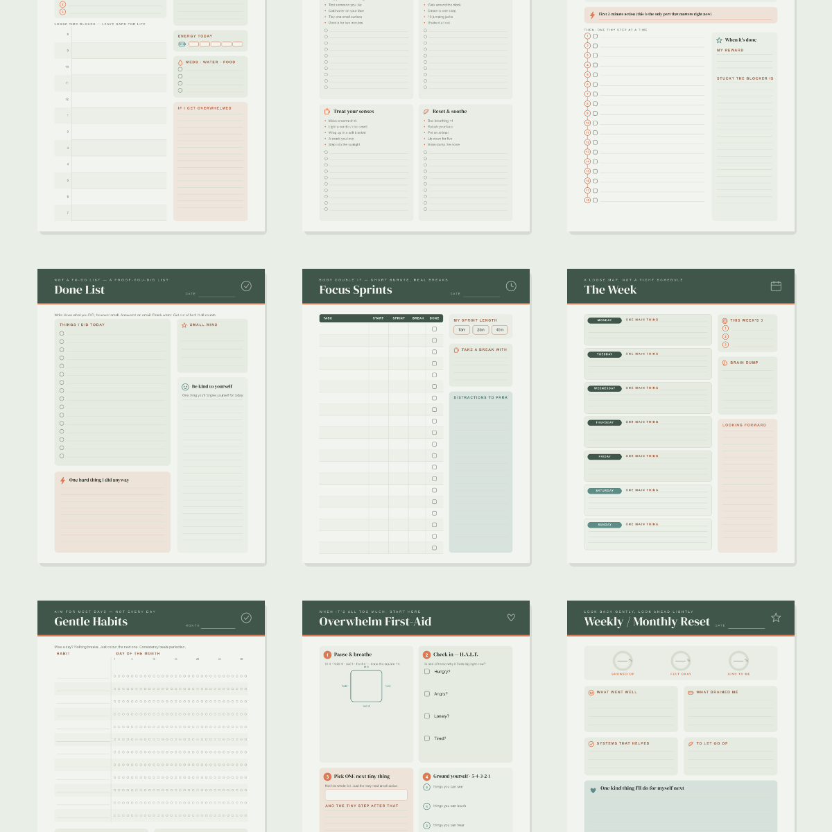 ADHD-Friendly Daily Planner — Sage Green — 13 Printable Pages (Brain Dump, Dopamine Menu, Task Breakdown & Focus Sprints · A4 + US Letter PDF + SVG) preview 3
