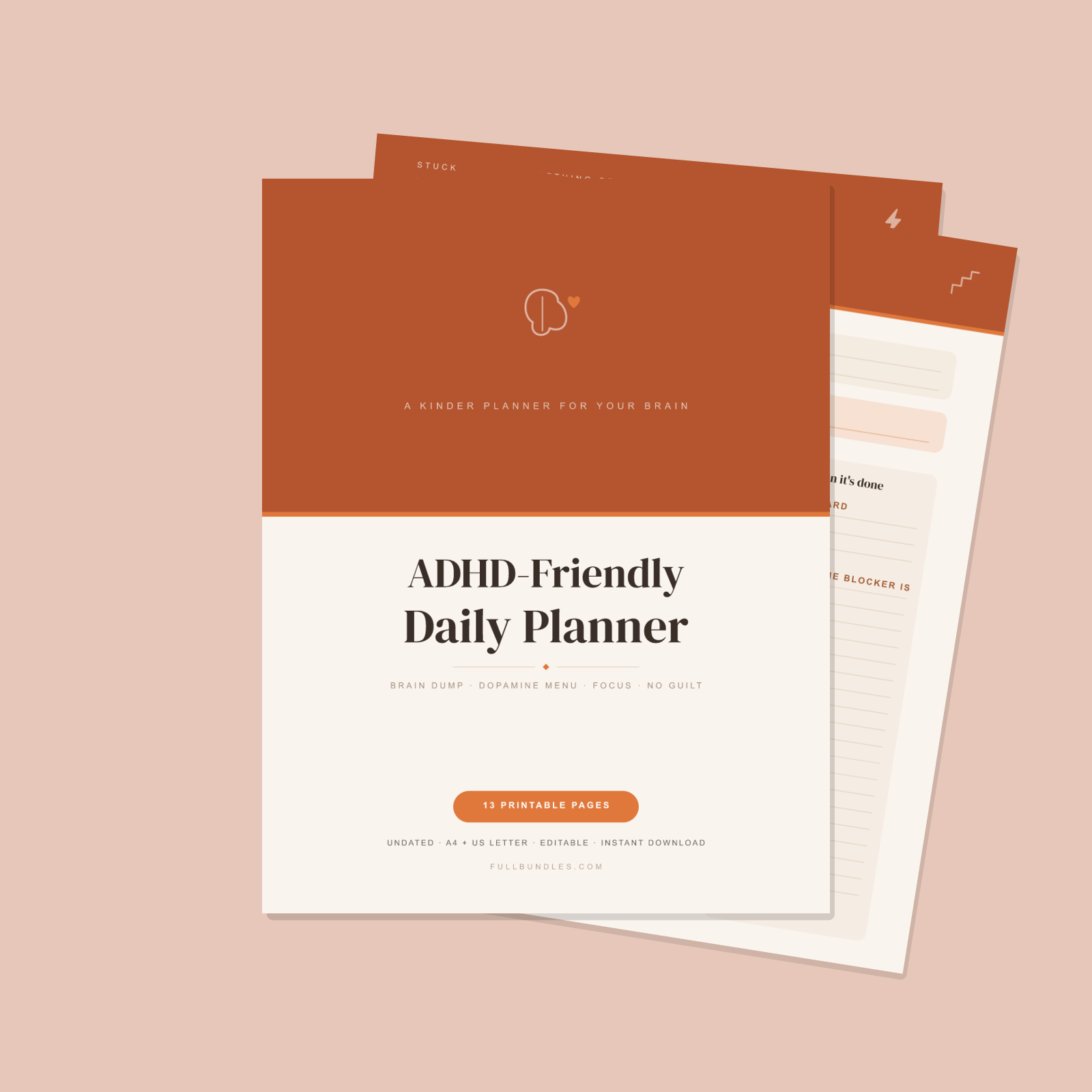 ADHD-Friendly Daily Planner — Warm Peach — 13 Printable Pages (Brain Dump, Dopamine Menu, Task Breakdown & Focus Sprints · A4 + US Letter PDF + SVG)
