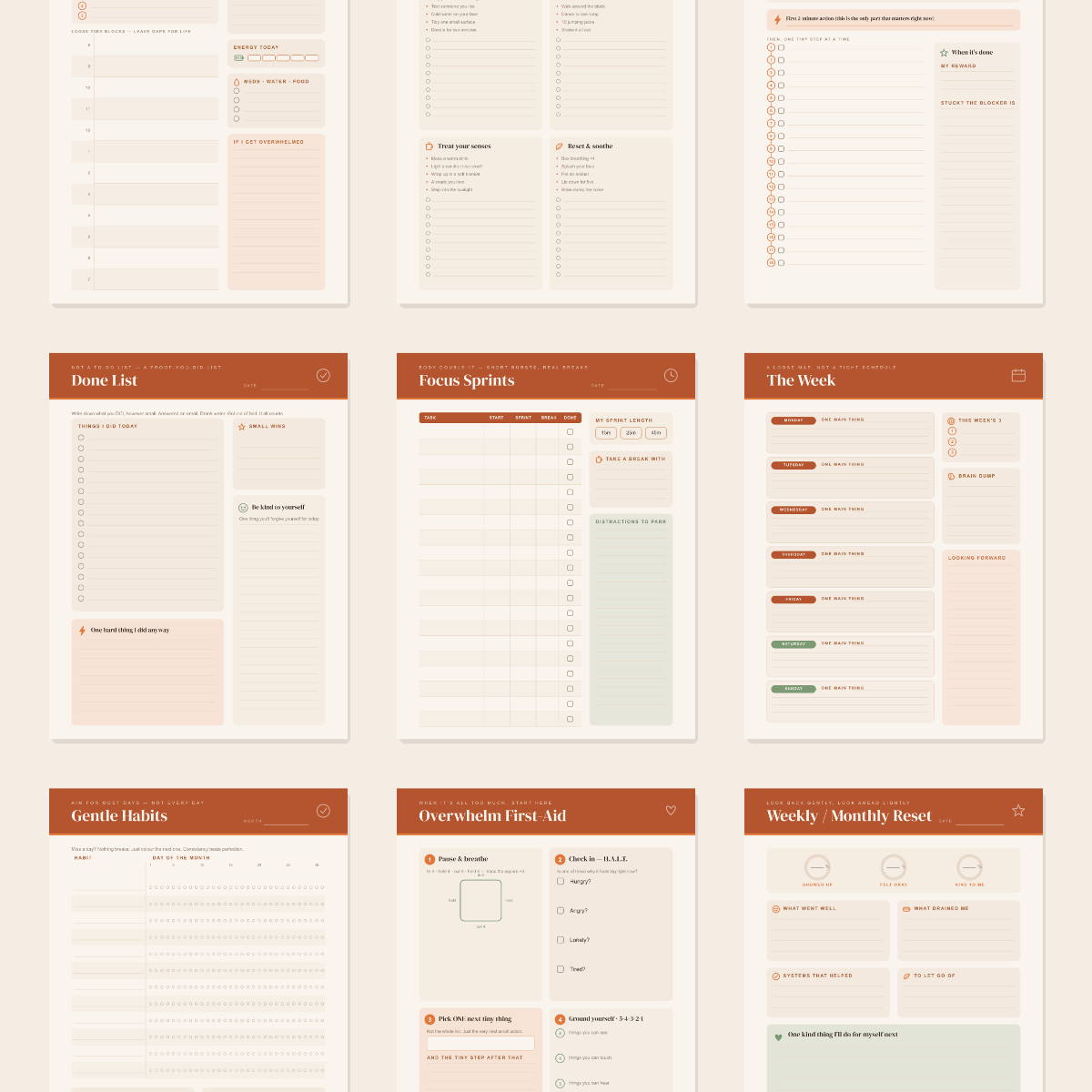 ADHD-Friendly Daily Planner — Warm Peach — 13 Printable Pages (Brain Dump, Dopamine Menu, Task Breakdown & Focus Sprints · A4 + US Letter PDF + SVG) preview 3