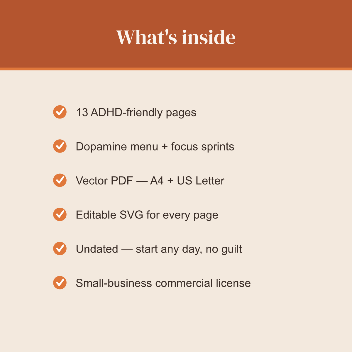 ADHD-Friendly Daily Planner — Warm Peach — 13 Printable Pages (Brain Dump, Dopamine Menu, Task Breakdown & Focus Sprints · A4 + US Letter PDF + SVG) preview 5