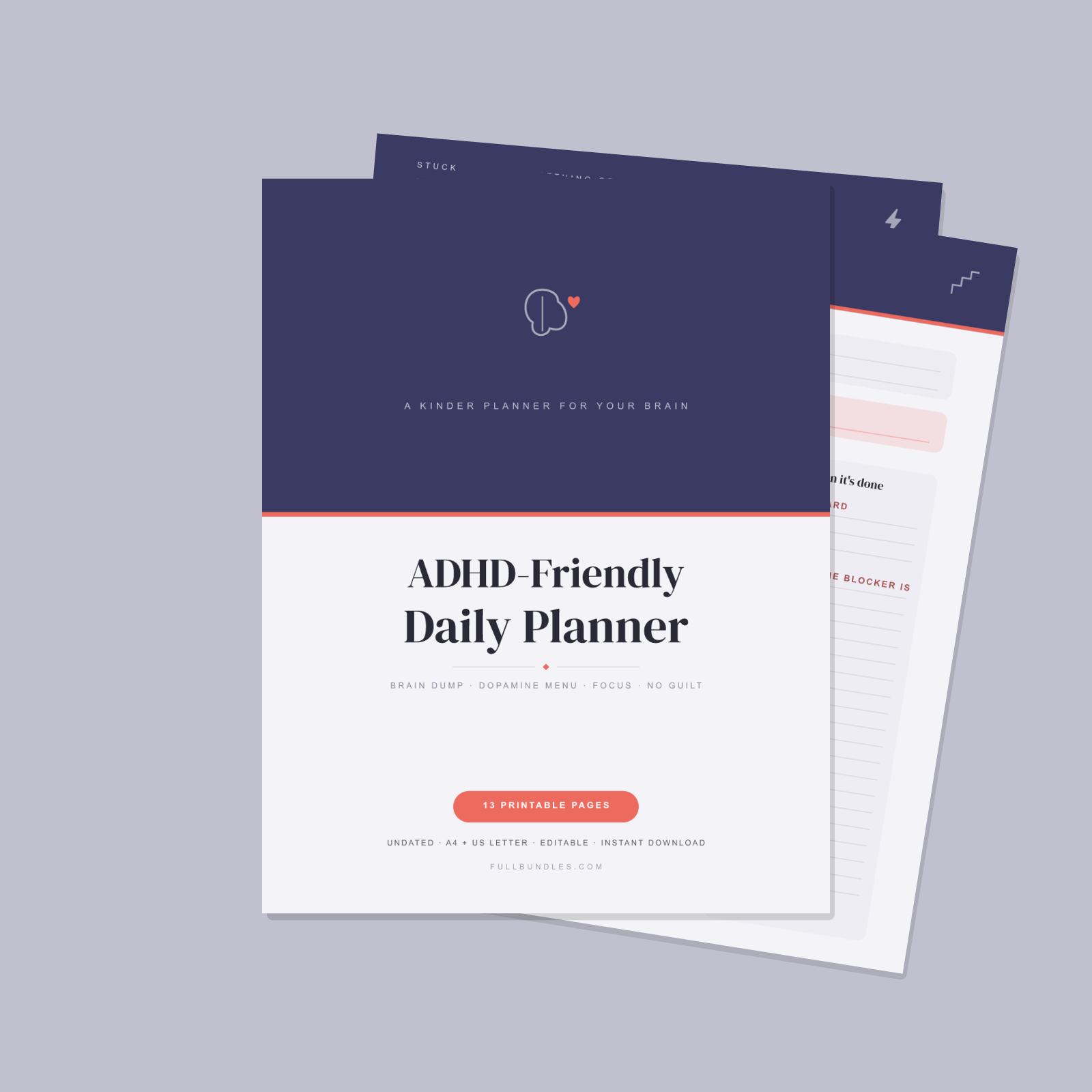 ADHD-Friendly Daily Planner — 13 Printable Pages (Brain Dump, Dopamine Menu, Task Breakdown, Focus Sprints, Habit Tracker + Overwhelm First-Aid · A4 + US Letter PDF + SVG)