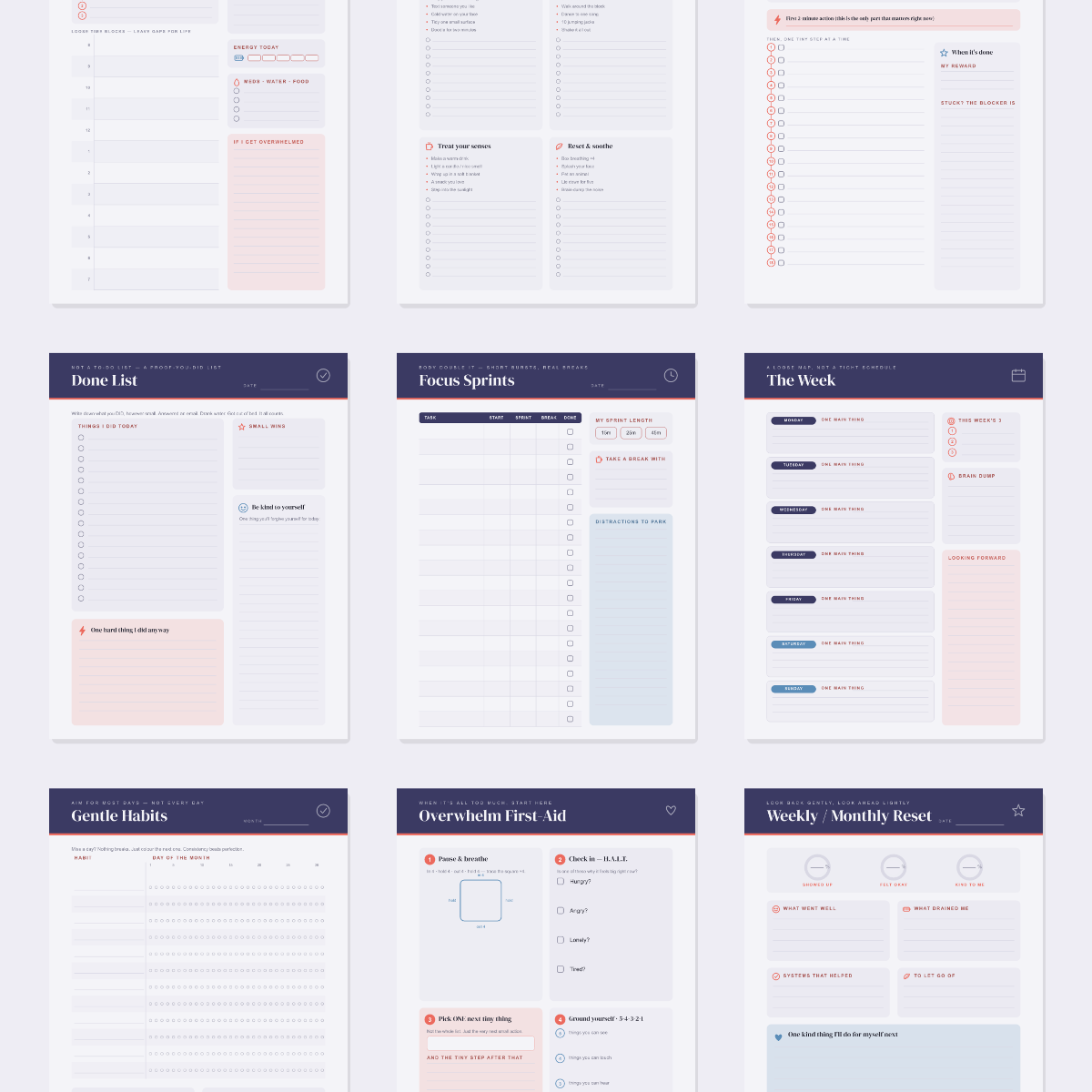 ADHD-Friendly Daily Planner — 13 Printable Pages (Brain Dump, Dopamine Menu, Task Breakdown, Focus Sprints, Habit Tracker + Overwhelm First-Aid · A4 + US Letter PDF + SVG) preview 3