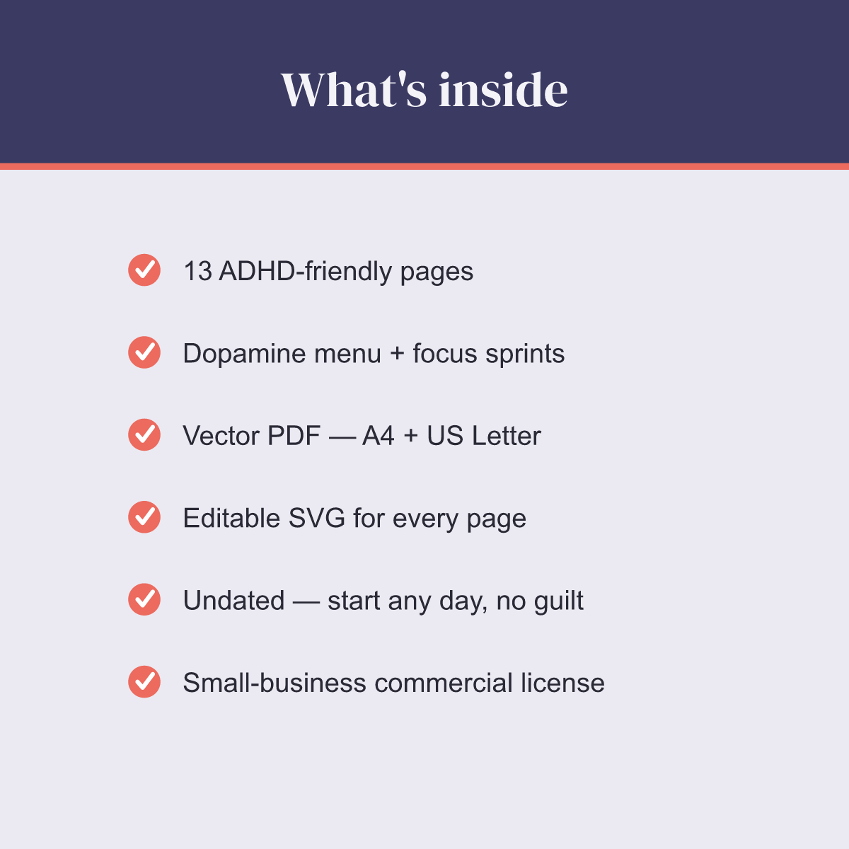 ADHD-Friendly Daily Planner — 13 Printable Pages (Brain Dump, Dopamine Menu, Task Breakdown, Focus Sprints, Habit Tracker + Overwhelm First-Aid · A4 + US Letter PDF + SVG) preview 5