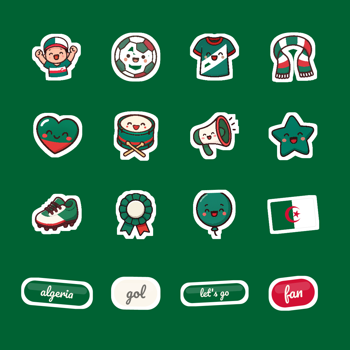Algeria Football Fan Sticker Pack — 16 Kawaii Die-Cut Supporter Stickers (PNG + SVG) preview 4