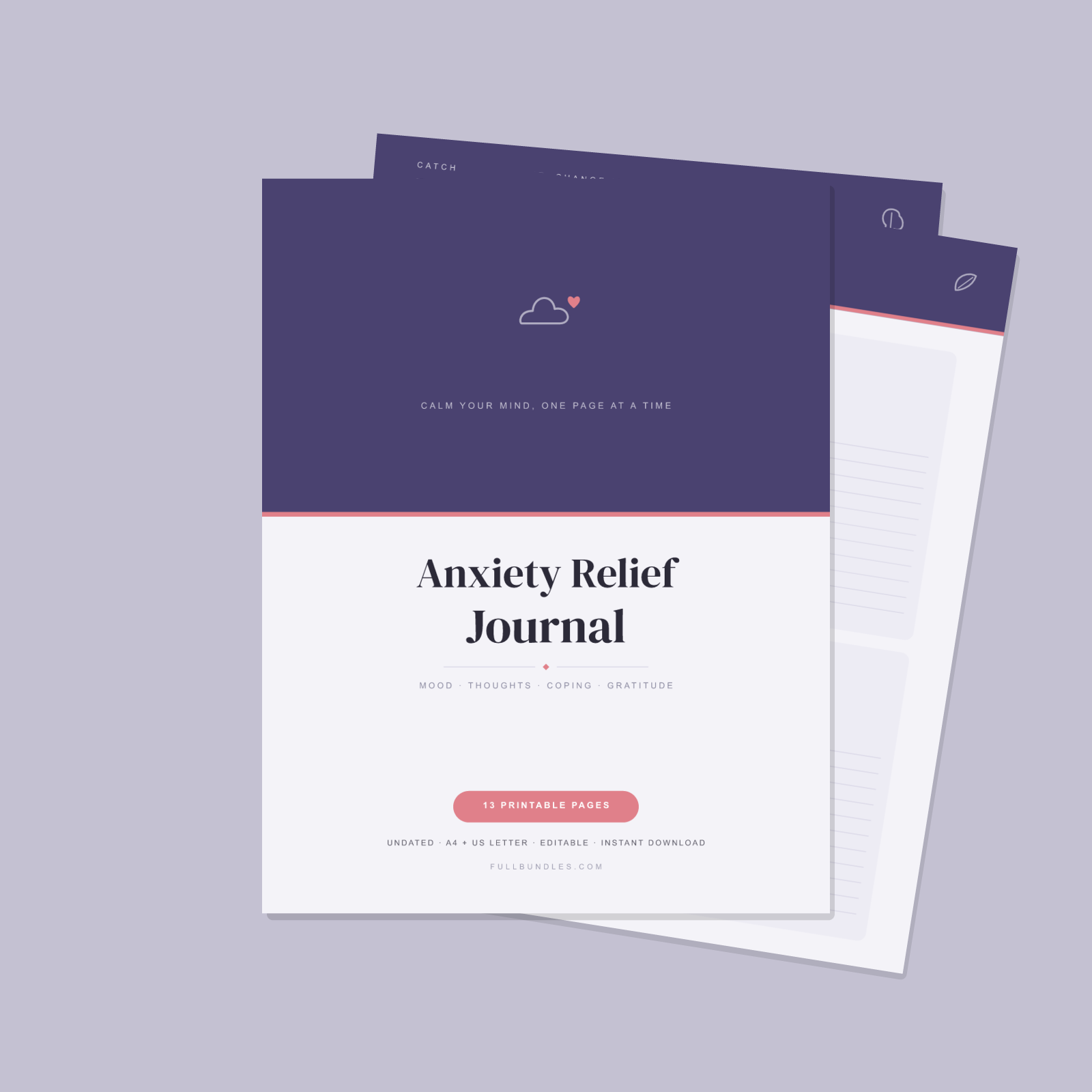 Anxiety Relief Journal — 13 Printable Pages (Mood Tracker, Thought Records, Worry & Trigger Log, Grounding & Coping Toolkit, Gratitude, Weekly Reflection · A4 + US Letter PDF + SVG)