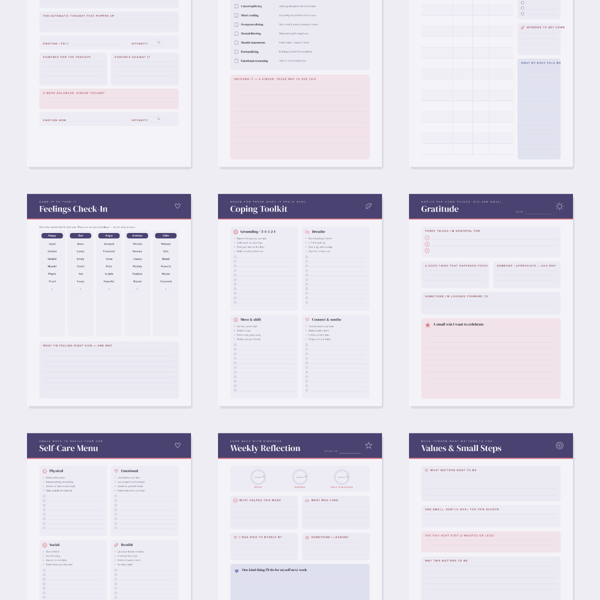 Anxiety Relief Journal — 13 Printable Pages (Mood Tracker, Thought Records, Worry & Trigger Log, Grounding & Coping Toolkit, Gratitude, Weekly Reflection · A4 + US Letter PDF + SVG) preview 3