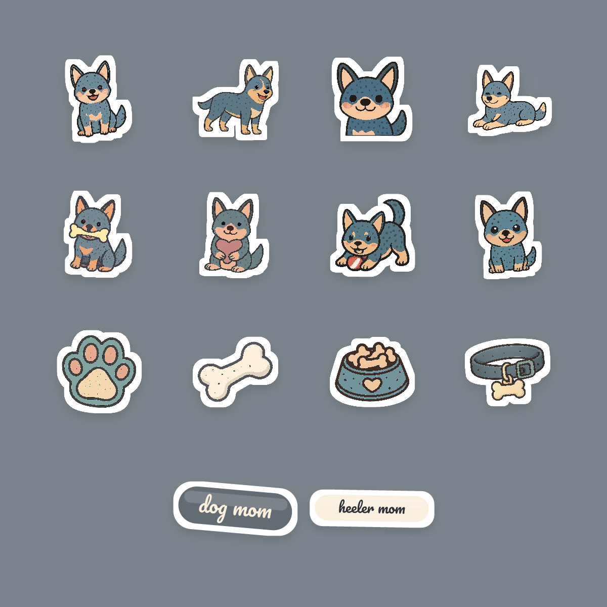 Australian Cattle Dog Kawaii Sticker Pack — Blue Heeler Dog Mom Die-Cut Stickers (PNG + SVG, Commercial Use) preview 4
