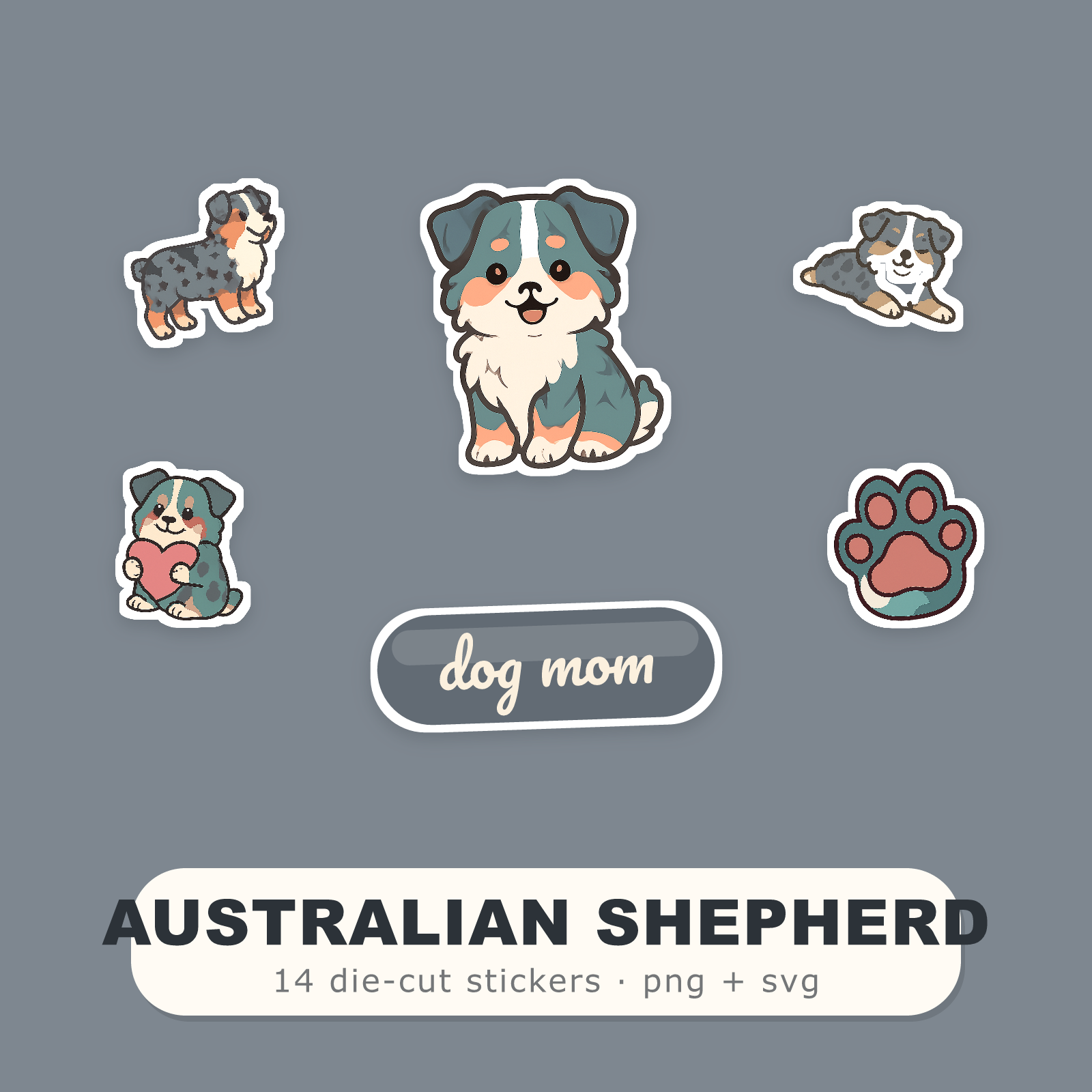 Australian Shepherd Kawaii Sticker Pack — Dog Mom Die-Cut Stickers (PNG + SVG, Commercial Use)