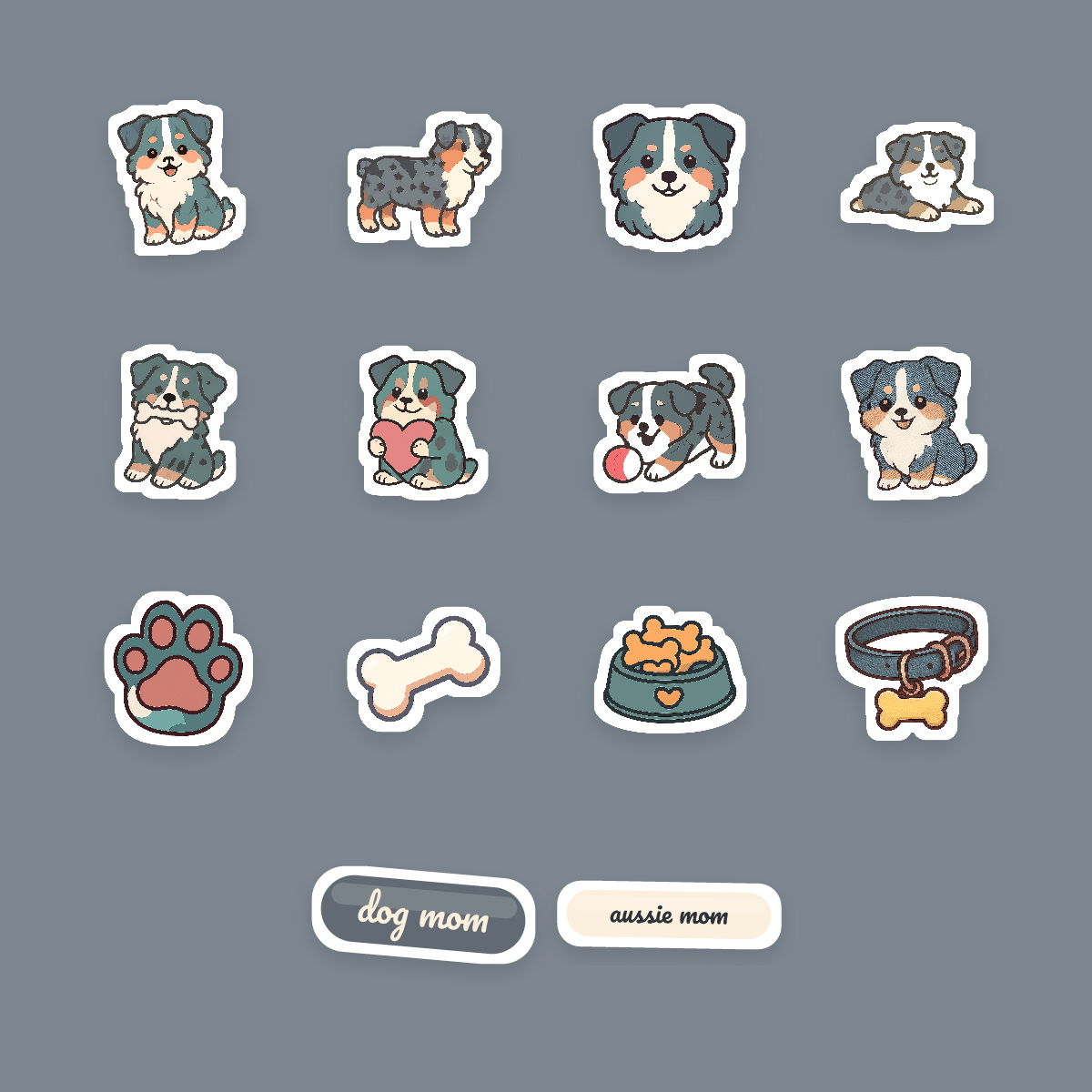 Australian Shepherd Kawaii Sticker Pack — Dog Mom Die-Cut Stickers (PNG + SVG, Commercial Use) preview 4