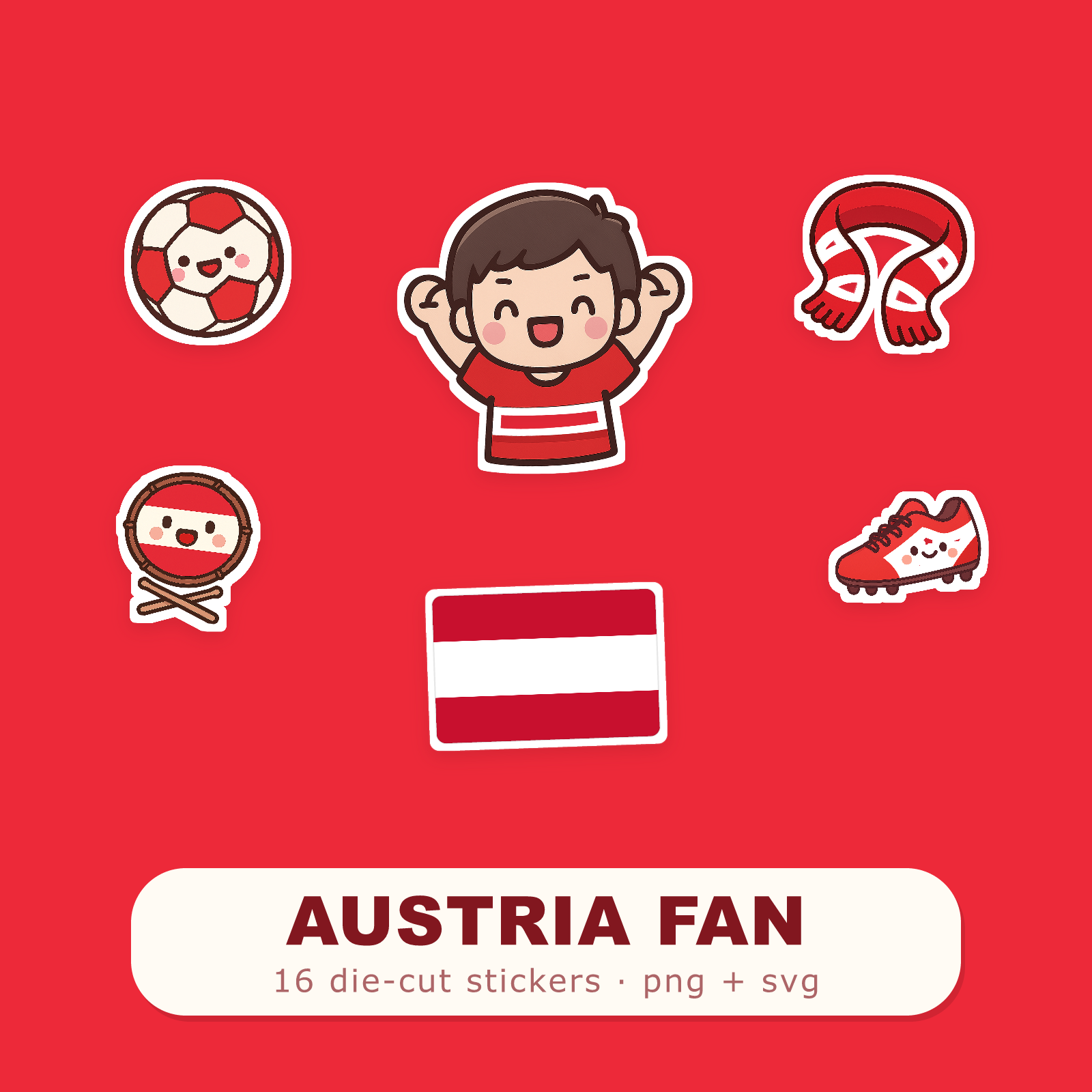 Austria Football Fan Sticker Pack — 16 Kawaii Die-Cut Supporter Stickers (PNG + SVG)