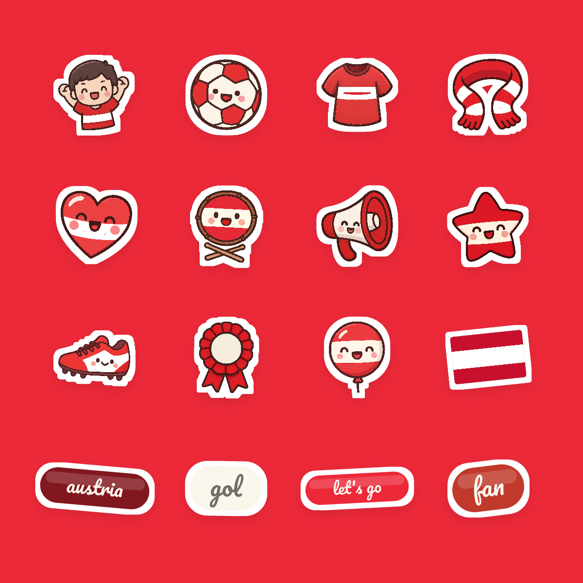 Austria Football Fan Sticker Pack — 16 Kawaii Die-Cut Supporter Stickers (PNG + SVG) preview 4