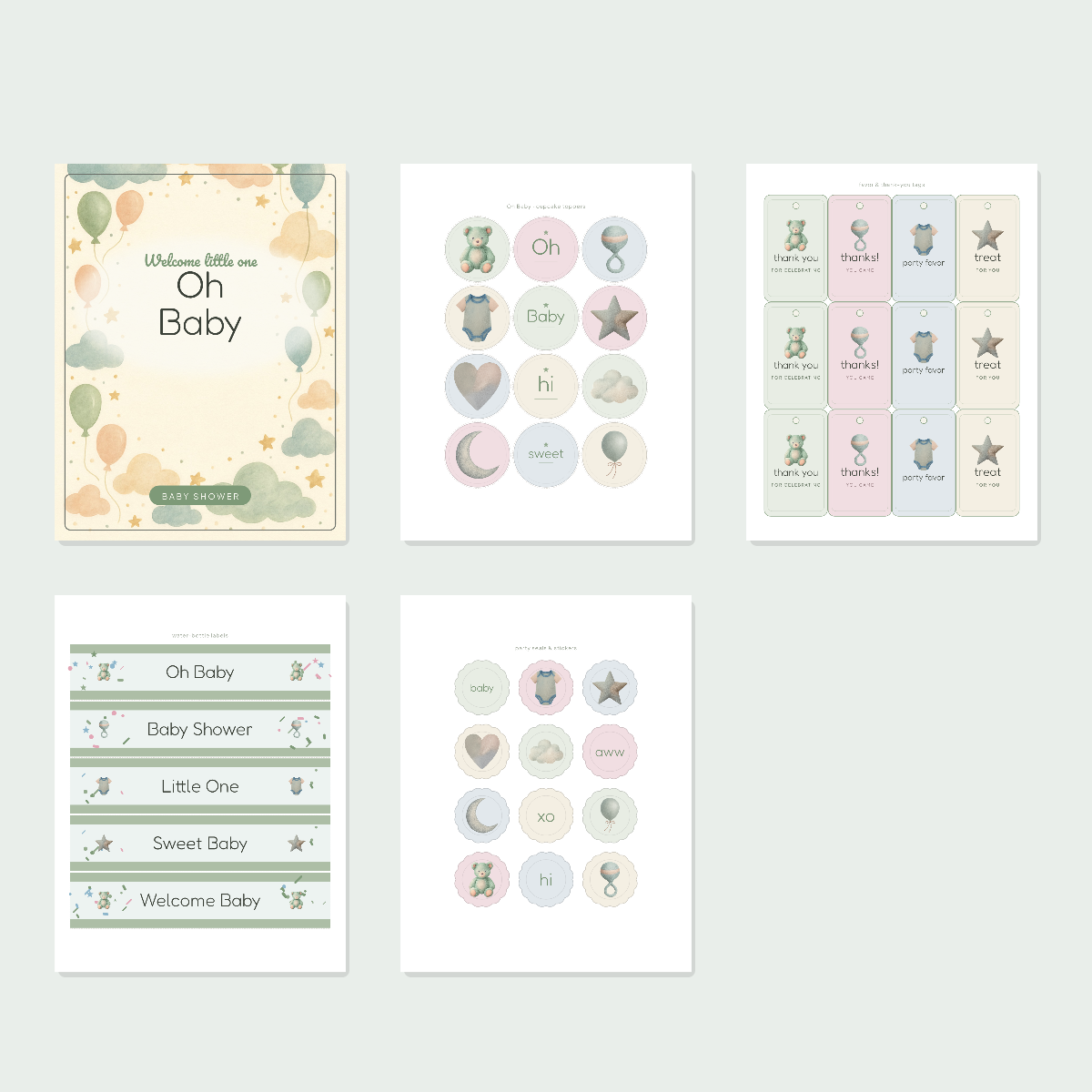 Baby Shower Printables Set — Cupcake Toppers, Favor Tags, Labels & Welcome Sign (Printable PDF + SVG) preview 3