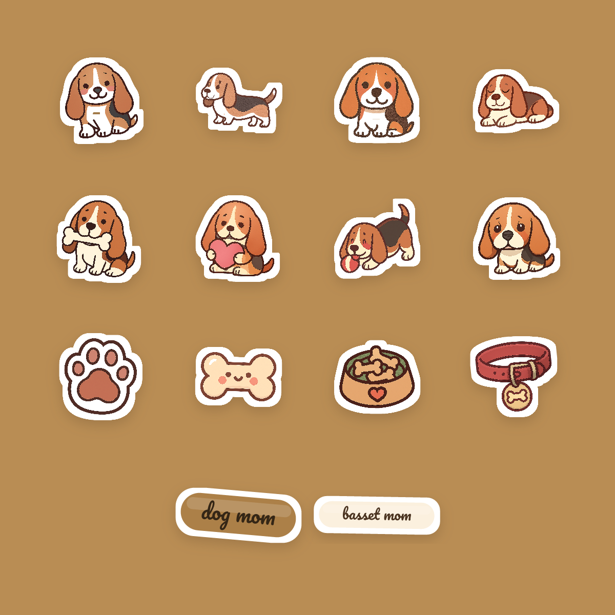 Basset Hound Kawaii Sticker Pack — Dog Mom Die-Cut Stickers (PNG + SVG, Commercial Use) preview 4