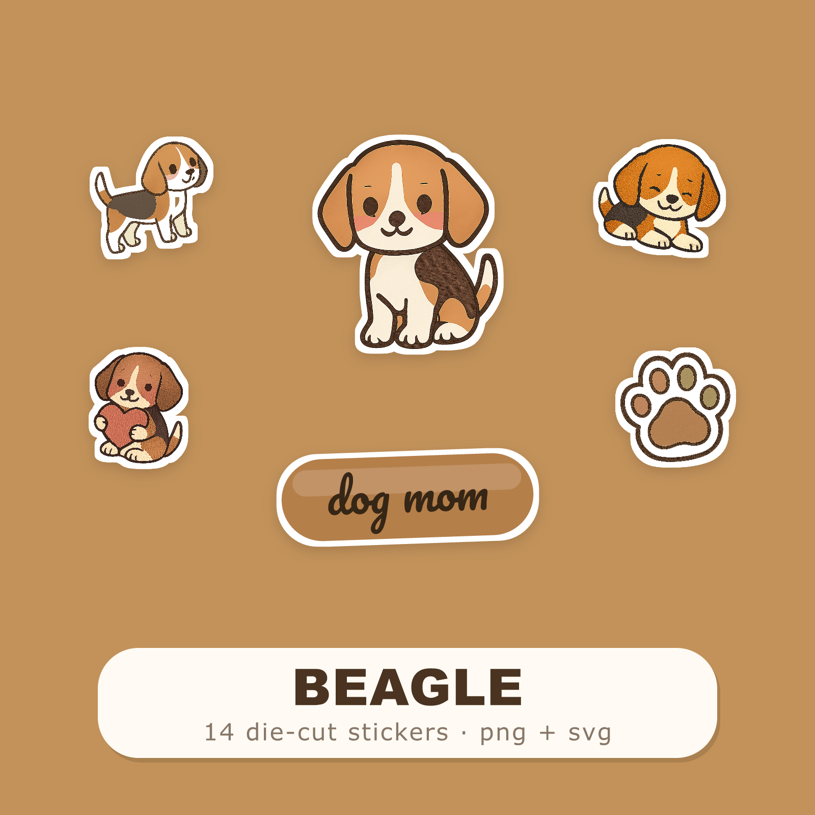 Beagle Kawaii Sticker Pack — Dog Mom Die-Cut Stickers (PNG + SVG, Commercial Use)