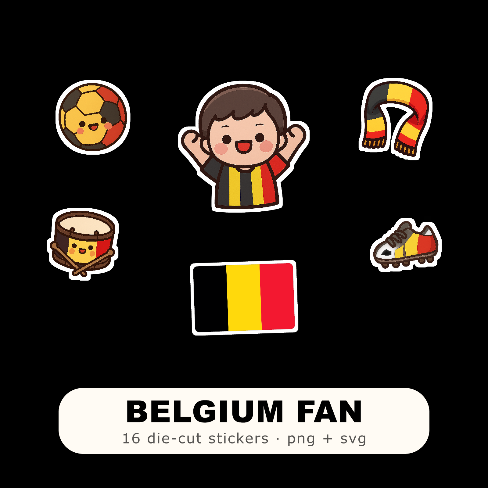 Belgium Football Fan Sticker Pack — 16 Kawaii Die-Cut Supporter Stickers (PNG + SVG)