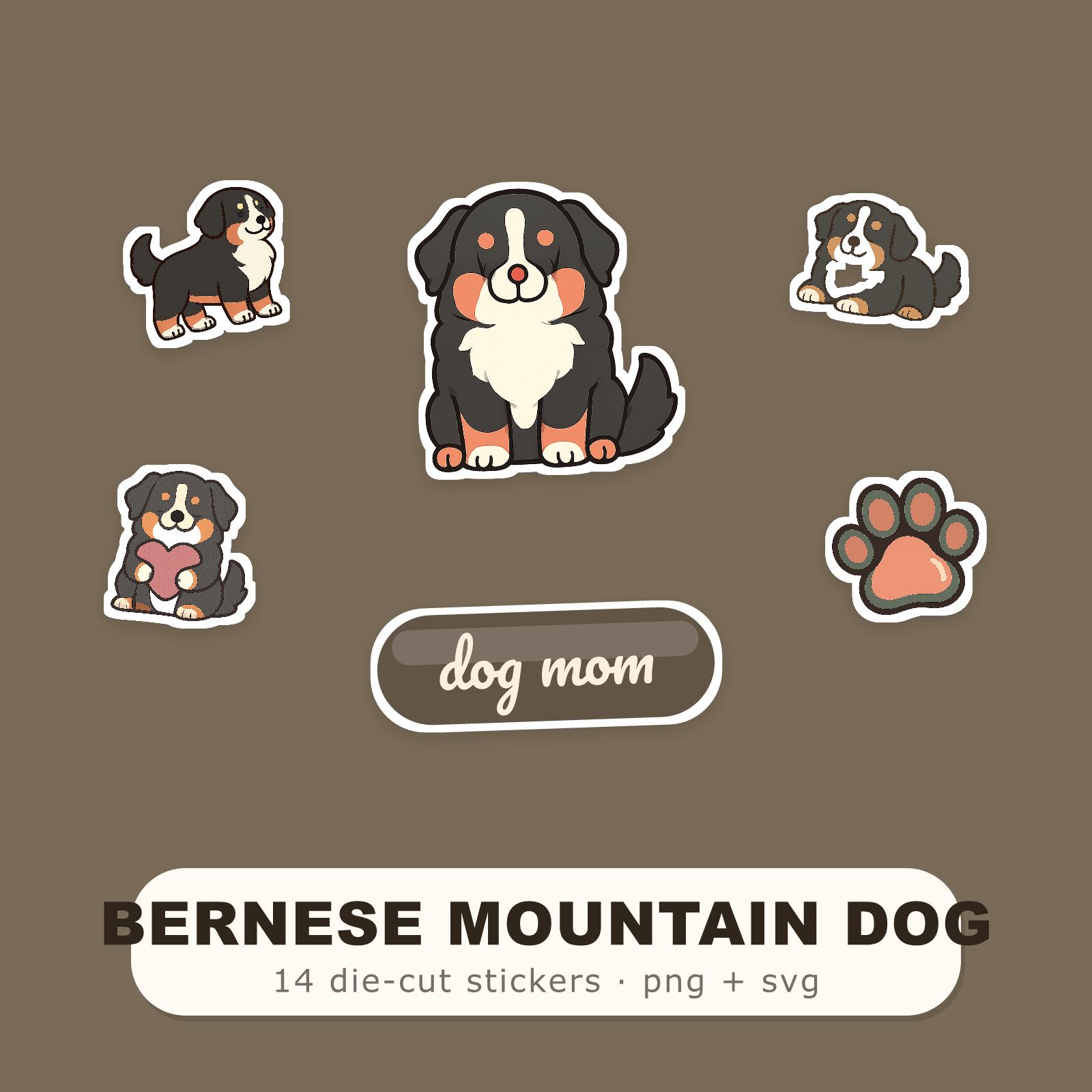 Bernese Mountain Dog Kawaii Sticker Pack — Dog Mom Die-Cut Stickers (PNG + SVG, Commercial Use)