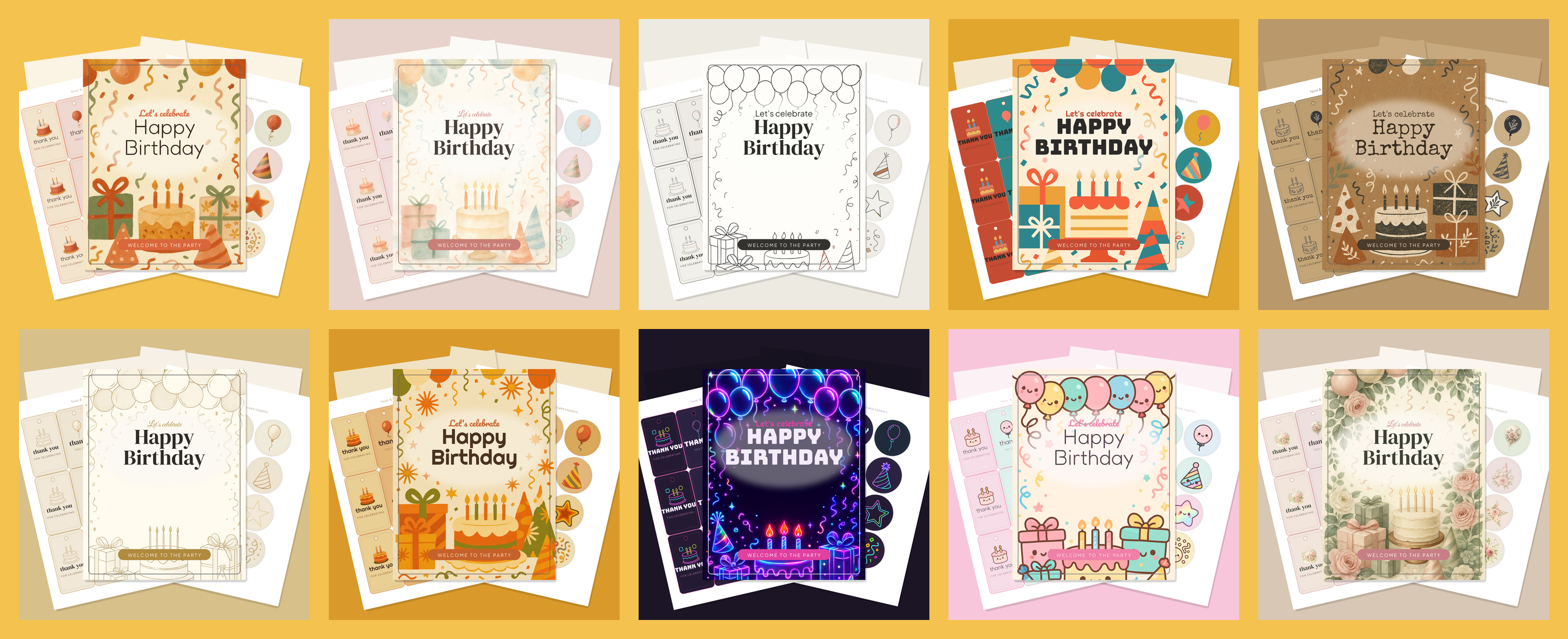 Birthday Party Printables Mega-Bundle — All 10 Art Styles (70 Sheets: Invitations, Banners, Toppers, Tags & More) — PDF + SVG