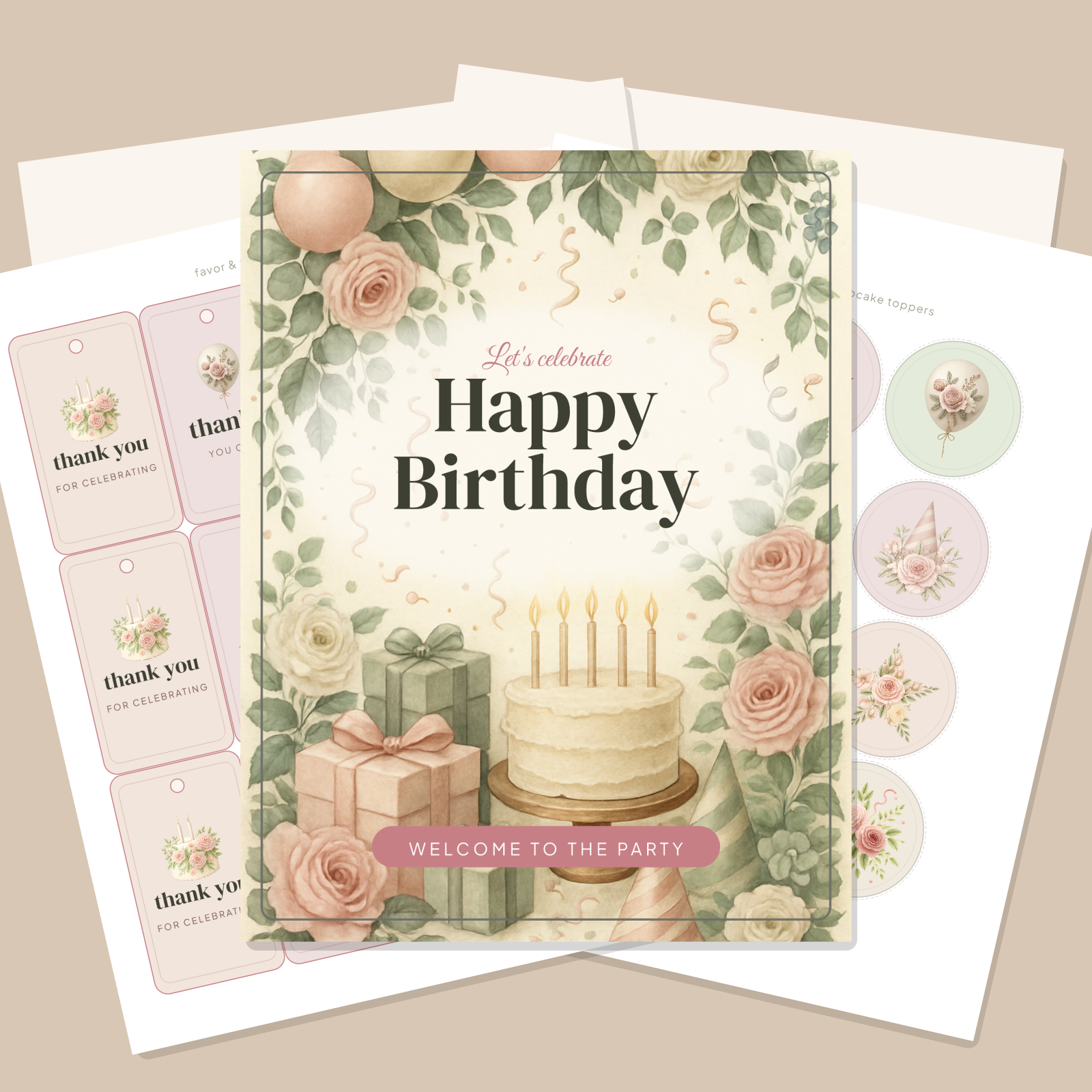 Birthday Party Printables — Botanical Floral (Invitation, Banner, Cupcake Toppers, Tags, Labels & Welcome Sign) — Printable PDF + SVG