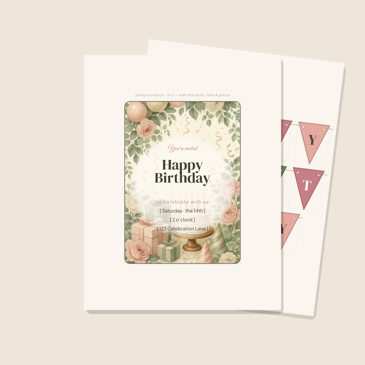 Birthday Party Printables — Botanical Floral (Invitation, Banner, Cupcake Toppers, Tags, Labels & Welcome Sign) — Printable PDF + SVG preview 2