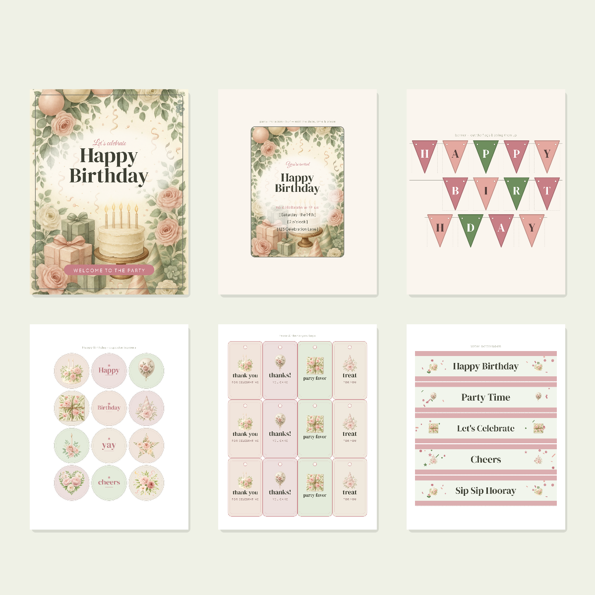 Birthday Party Printables — Botanical Floral (Invitation, Banner, Cupcake Toppers, Tags, Labels & Welcome Sign) — Printable PDF + SVG preview 3