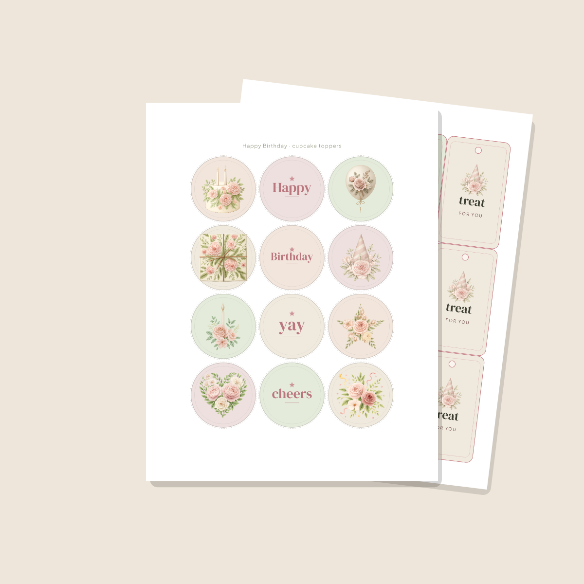 Birthday Party Printables — Botanical Floral (Invitation, Banner, Cupcake Toppers, Tags, Labels & Welcome Sign) — Printable PDF + SVG preview 4
