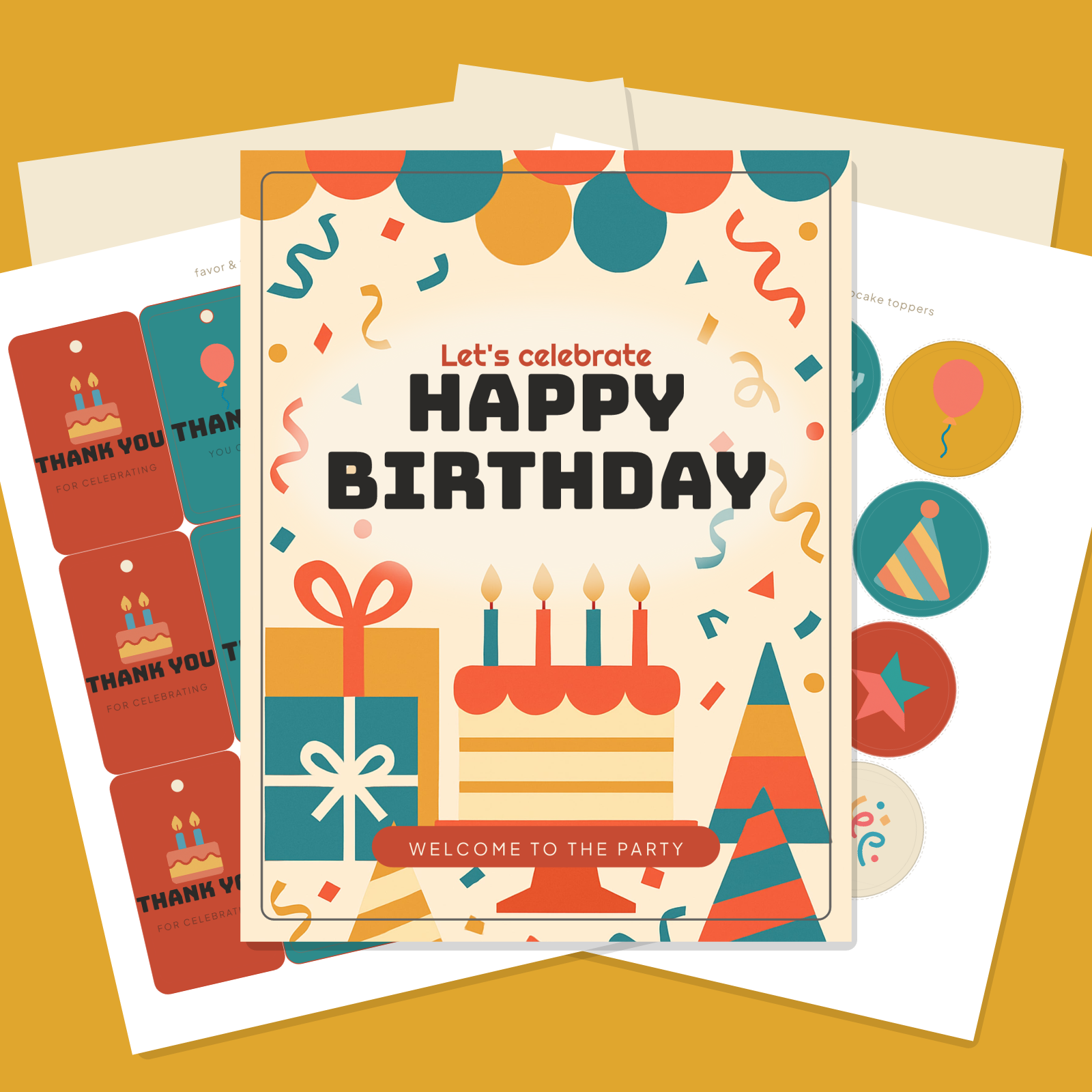 Birthday Party Printables — Bold Retro Flat (Invitation, Banner, Cupcake Toppers, Tags, Labels & Welcome Sign) — Printable PDF + SVG