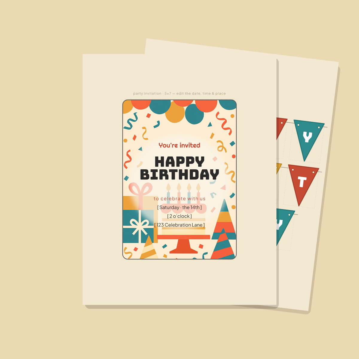Birthday Party Printables — Bold Retro Flat (Invitation, Banner, Cupcake Toppers, Tags, Labels & Welcome Sign) — Printable PDF + SVG preview 2