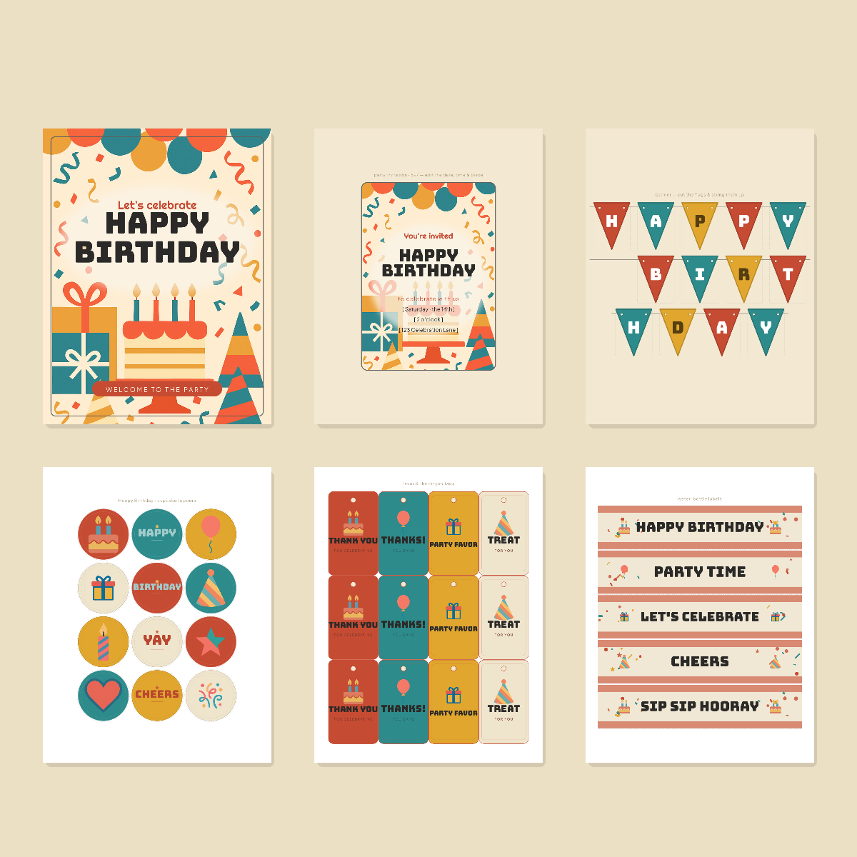 Birthday Party Printables — Bold Retro Flat (Invitation, Banner, Cupcake Toppers, Tags, Labels & Welcome Sign) — Printable PDF + SVG preview 3