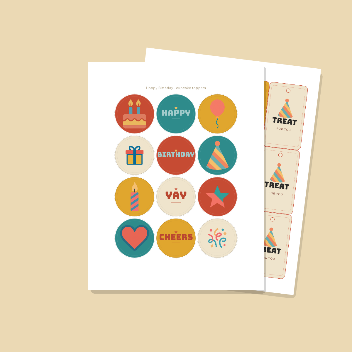 Birthday Party Printables — Bold Retro Flat (Invitation, Banner, Cupcake Toppers, Tags, Labels & Welcome Sign) — Printable PDF + SVG preview 4