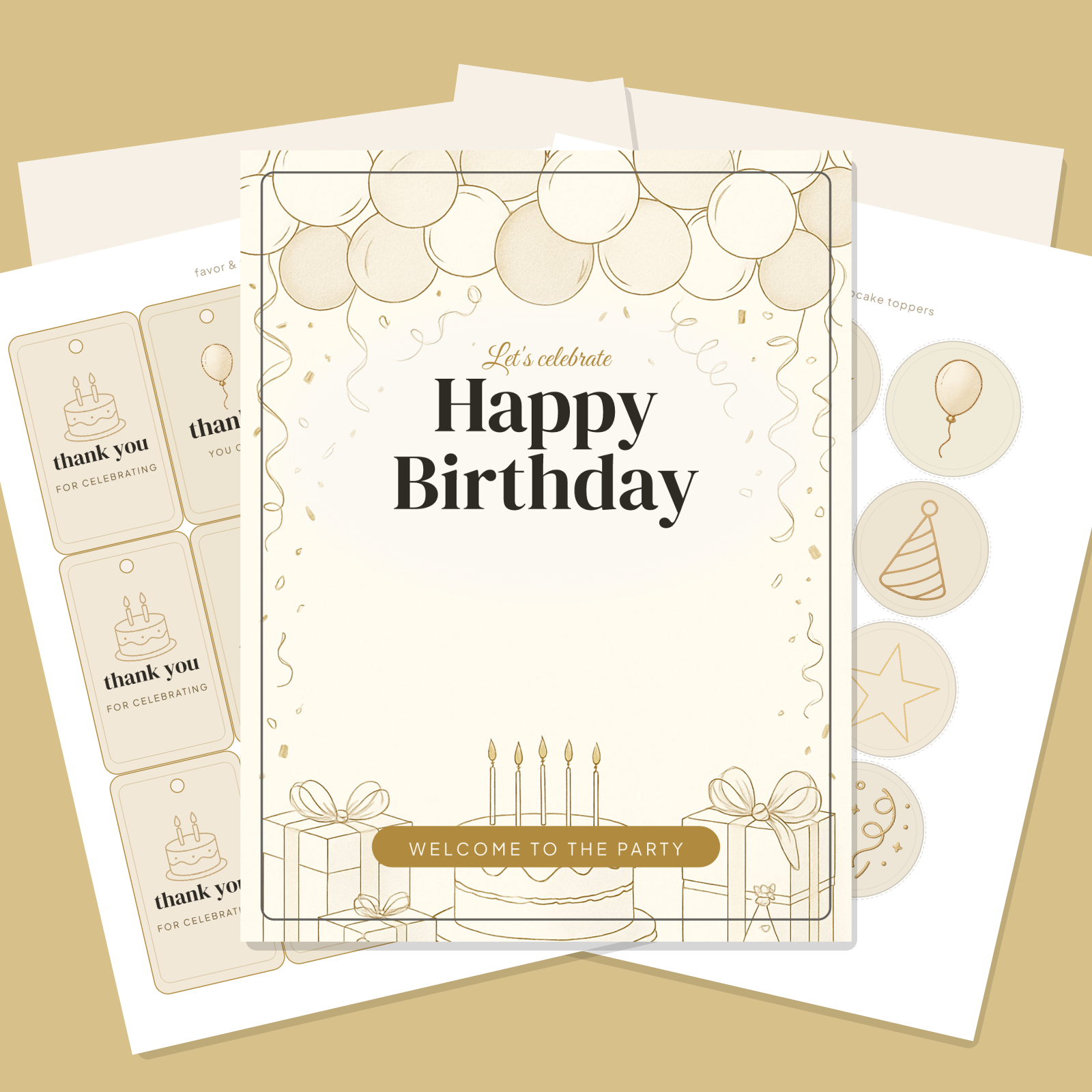 Birthday Party Printables — Elegant Gold (Invitation, Banner, Cupcake Toppers, Tags, Labels & Welcome Sign) — Printable PDF + SVG