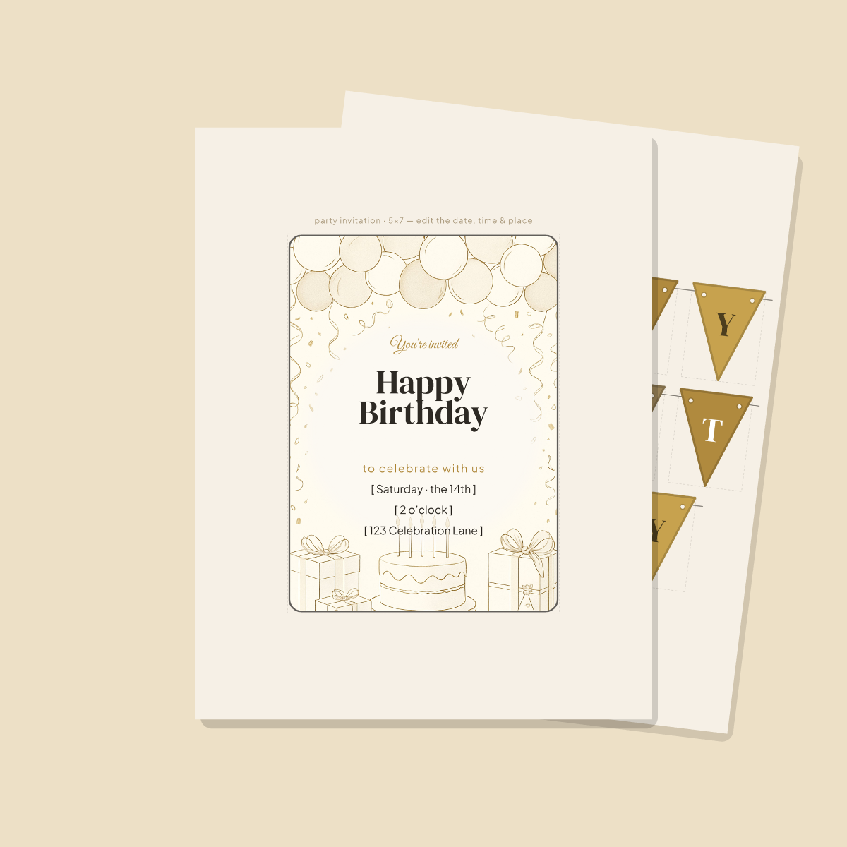 Birthday Party Printables — Elegant Gold (Invitation, Banner, Cupcake Toppers, Tags, Labels & Welcome Sign) — Printable PDF + SVG preview 2