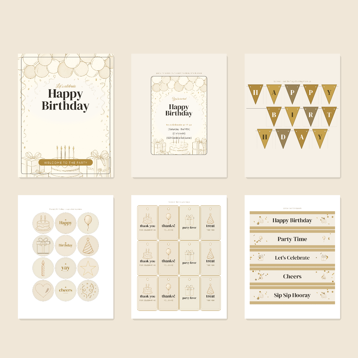 Birthday Party Printables — Elegant Gold (Invitation, Banner, Cupcake Toppers, Tags, Labels & Welcome Sign) — Printable PDF + SVG preview 3