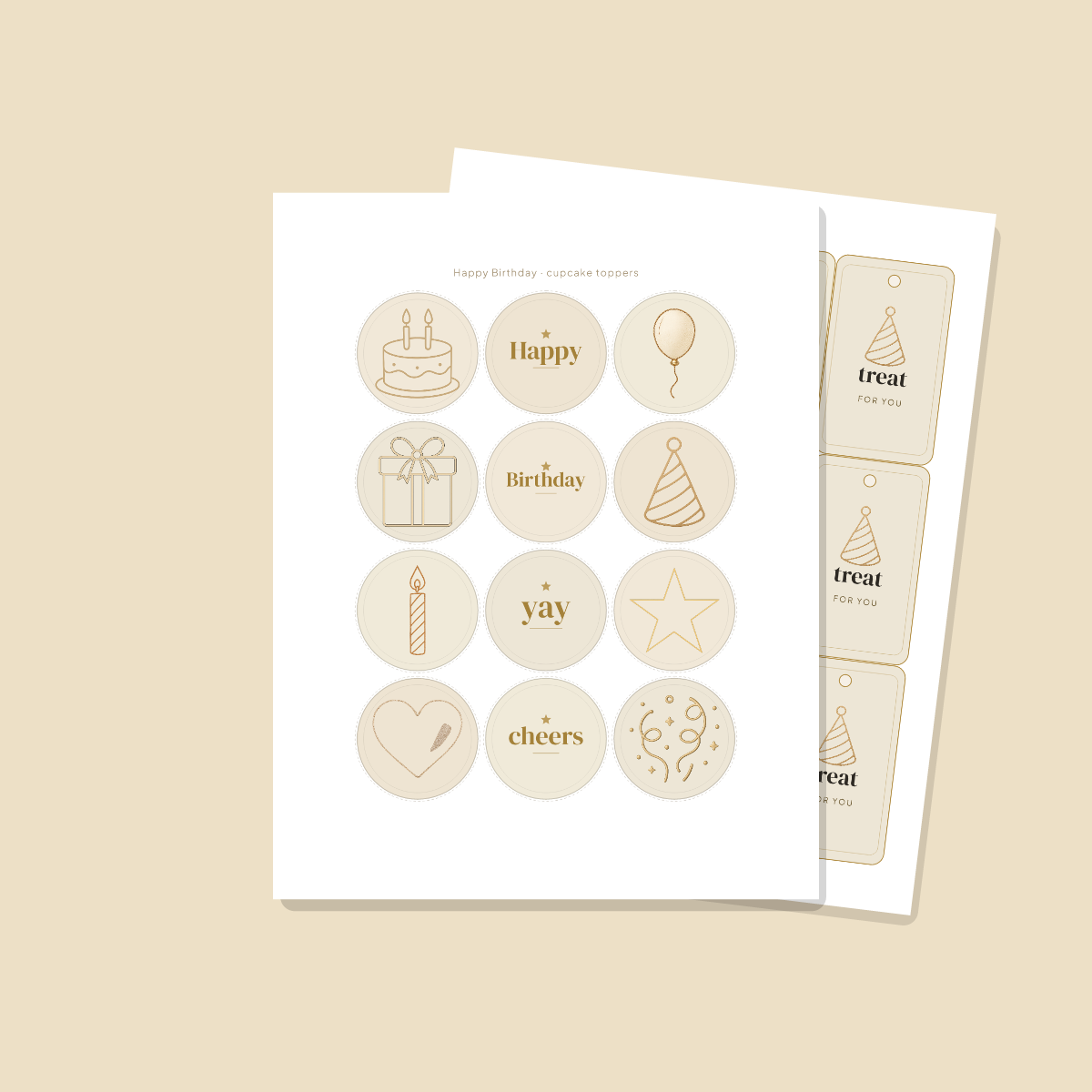 Birthday Party Printables — Elegant Gold (Invitation, Banner, Cupcake Toppers, Tags, Labels & Welcome Sign) — Printable PDF + SVG preview 4