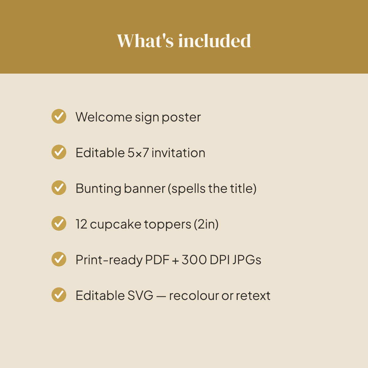 Birthday Party Printables — Elegant Gold (Invitation, Banner, Cupcake Toppers, Tags, Labels & Welcome Sign) — Printable PDF + SVG preview 5
