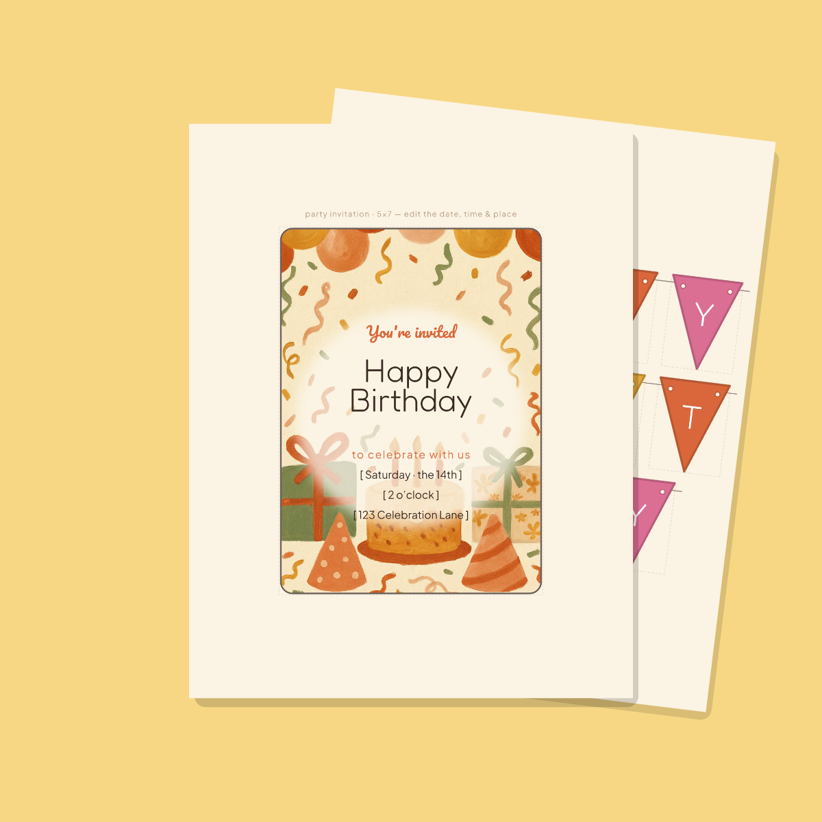 Birthday Party Printables — Hand-Painted Gouache (Invitation, Banner, Cupcake Toppers, Tags, Labels & Welcome Sign) — Printable PDF + SVG preview 2