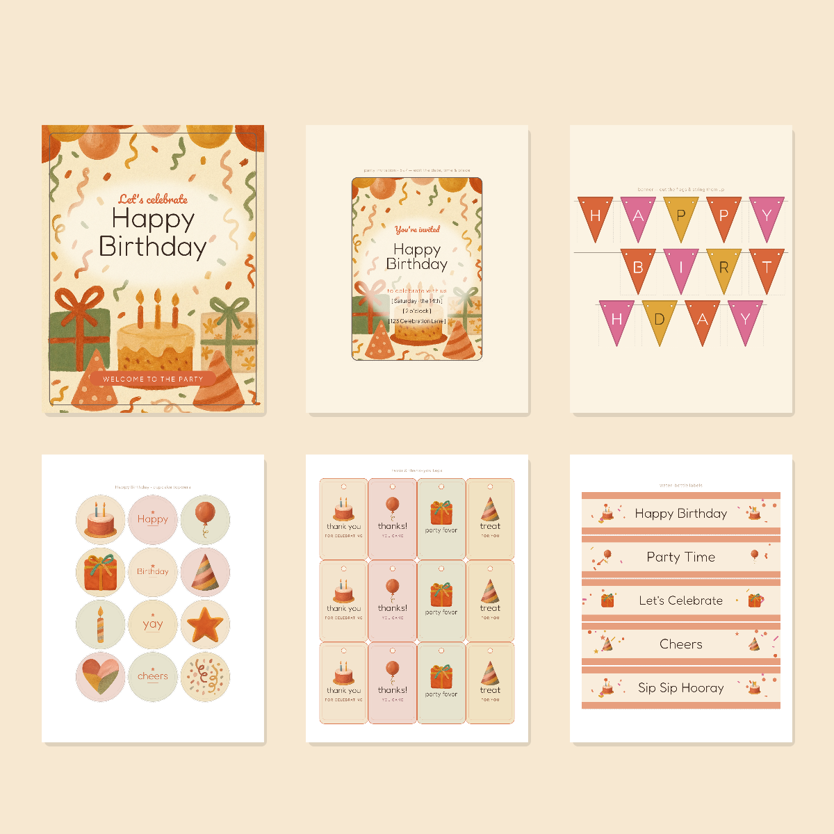 Birthday Party Printables — Hand-Painted Gouache (Invitation, Banner, Cupcake Toppers, Tags, Labels & Welcome Sign) — Printable PDF + SVG preview 3
