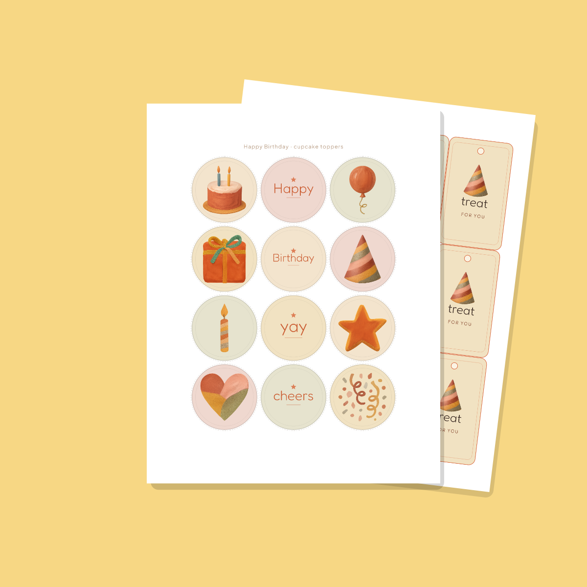 Birthday Party Printables — Hand-Painted Gouache (Invitation, Banner, Cupcake Toppers, Tags, Labels & Welcome Sign) — Printable PDF + SVG preview 4