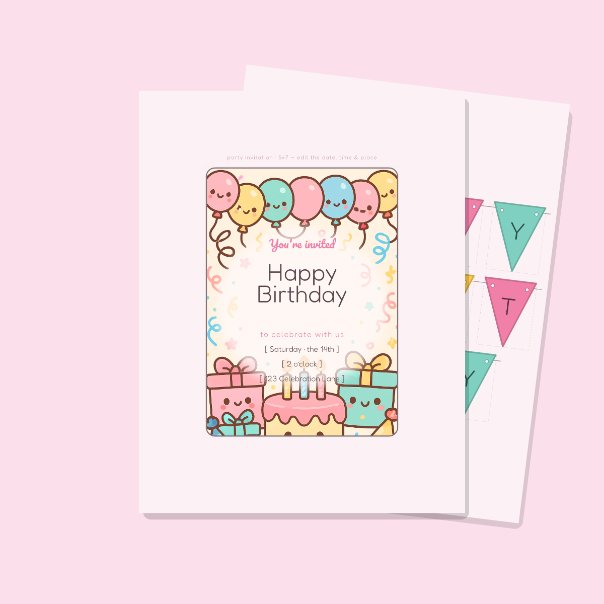 Birthday Party Printables — Cute Kawaii (Invitation, Banner, Cupcake Toppers, Tags, Labels & Welcome Sign) — Printable PDF + SVG preview 2