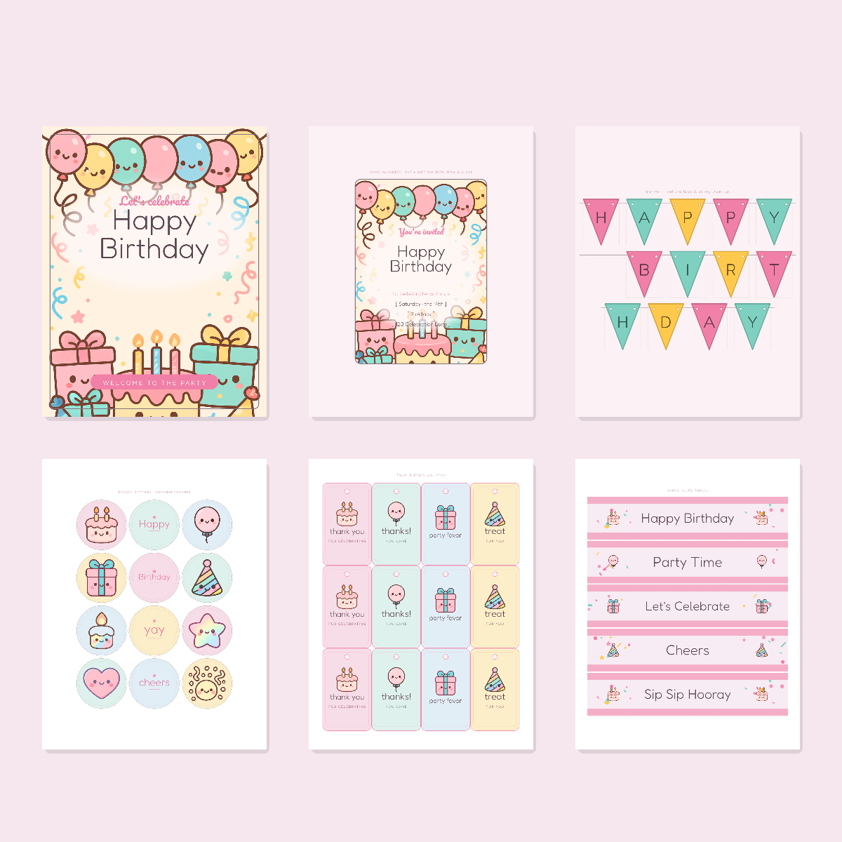 Birthday Party Printables — Cute Kawaii (Invitation, Banner, Cupcake Toppers, Tags, Labels & Welcome Sign) — Printable PDF + SVG preview 3