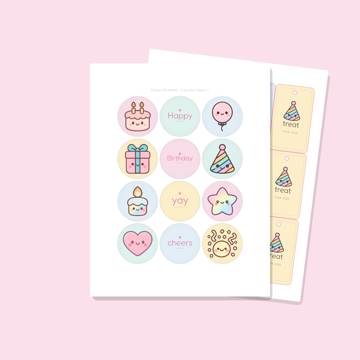 Birthday Party Printables — Cute Kawaii (Invitation, Banner, Cupcake Toppers, Tags, Labels & Welcome Sign) — Printable PDF + SVG preview 4