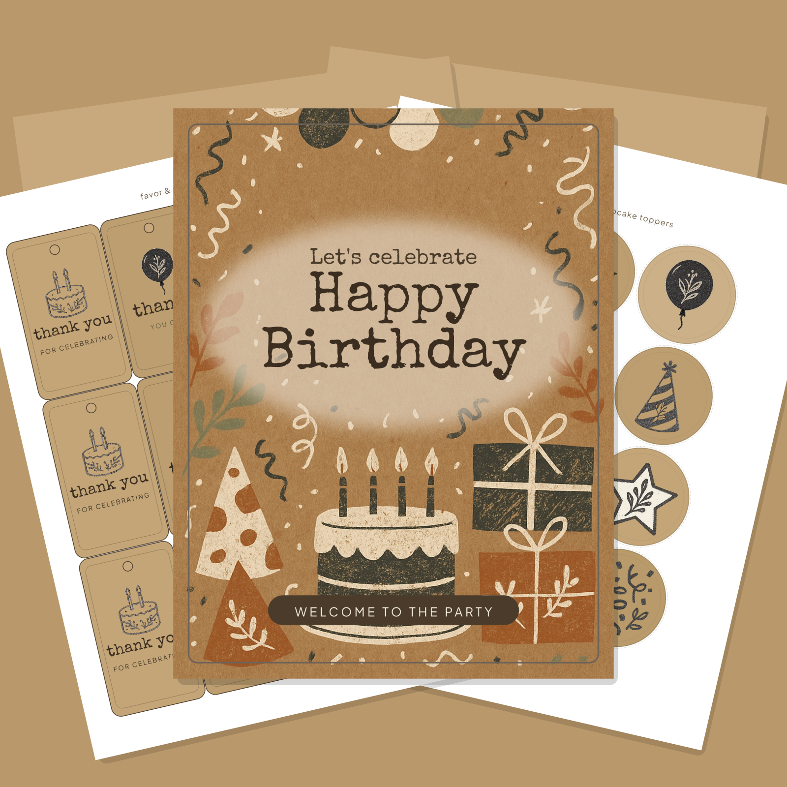 Birthday Party Printables — Rustic Kraft (Invitation, Banner, Cupcake Toppers, Tags, Labels & Welcome Sign) — Printable PDF + SVG