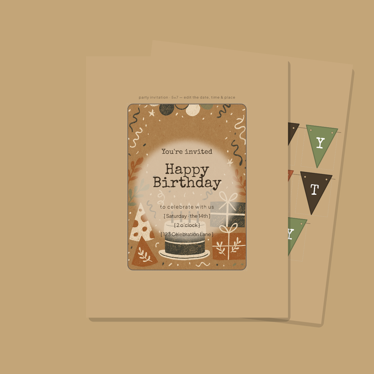 Birthday Party Printables — Rustic Kraft (Invitation, Banner, Cupcake Toppers, Tags, Labels & Welcome Sign) — Printable PDF + SVG preview 2