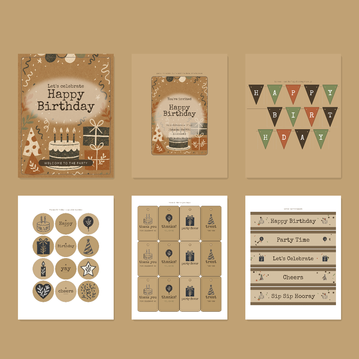 Birthday Party Printables — Rustic Kraft (Invitation, Banner, Cupcake Toppers, Tags, Labels & Welcome Sign) — Printable PDF + SVG preview 3