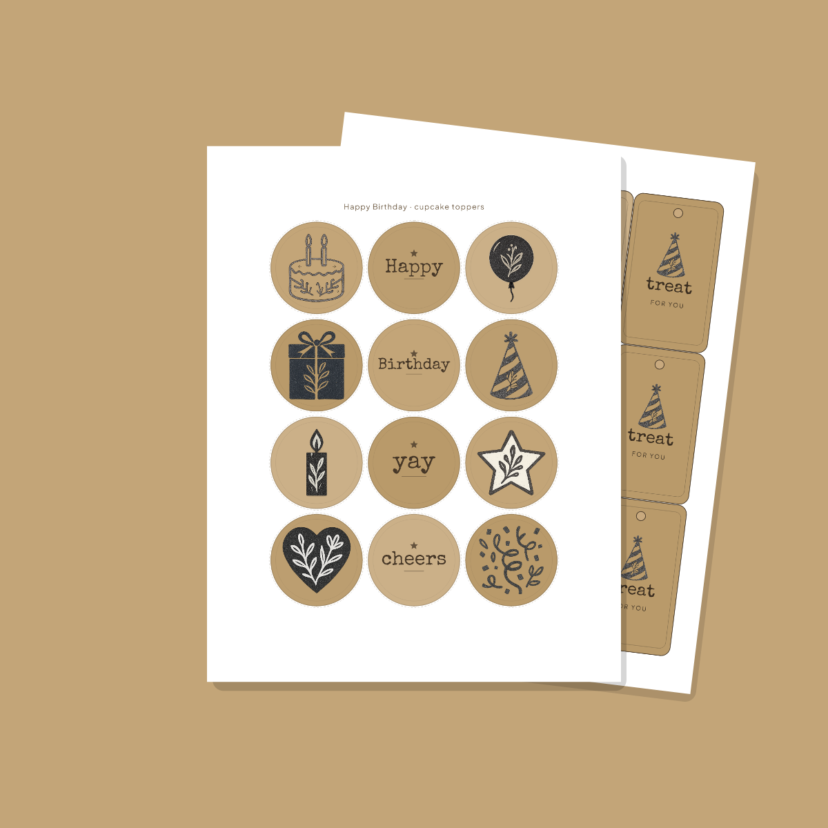 Birthday Party Printables — Rustic Kraft (Invitation, Banner, Cupcake Toppers, Tags, Labels & Welcome Sign) — Printable PDF + SVG preview 4