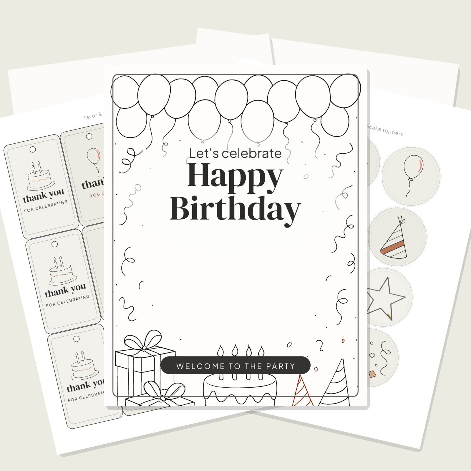Birthday Party Printables — Minimalist Line-Art (Invitation, Banner, Cupcake Toppers, Tags, Labels & Welcome Sign) — Printable PDF + SVG