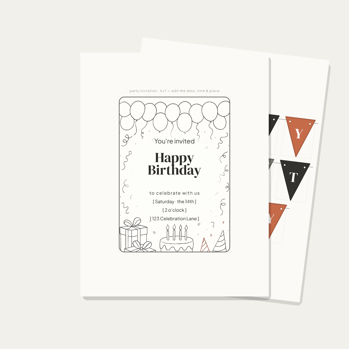 Birthday Party Printables — Minimalist Line-Art (Invitation, Banner, Cupcake Toppers, Tags, Labels & Welcome Sign) — Printable PDF + SVG preview 2