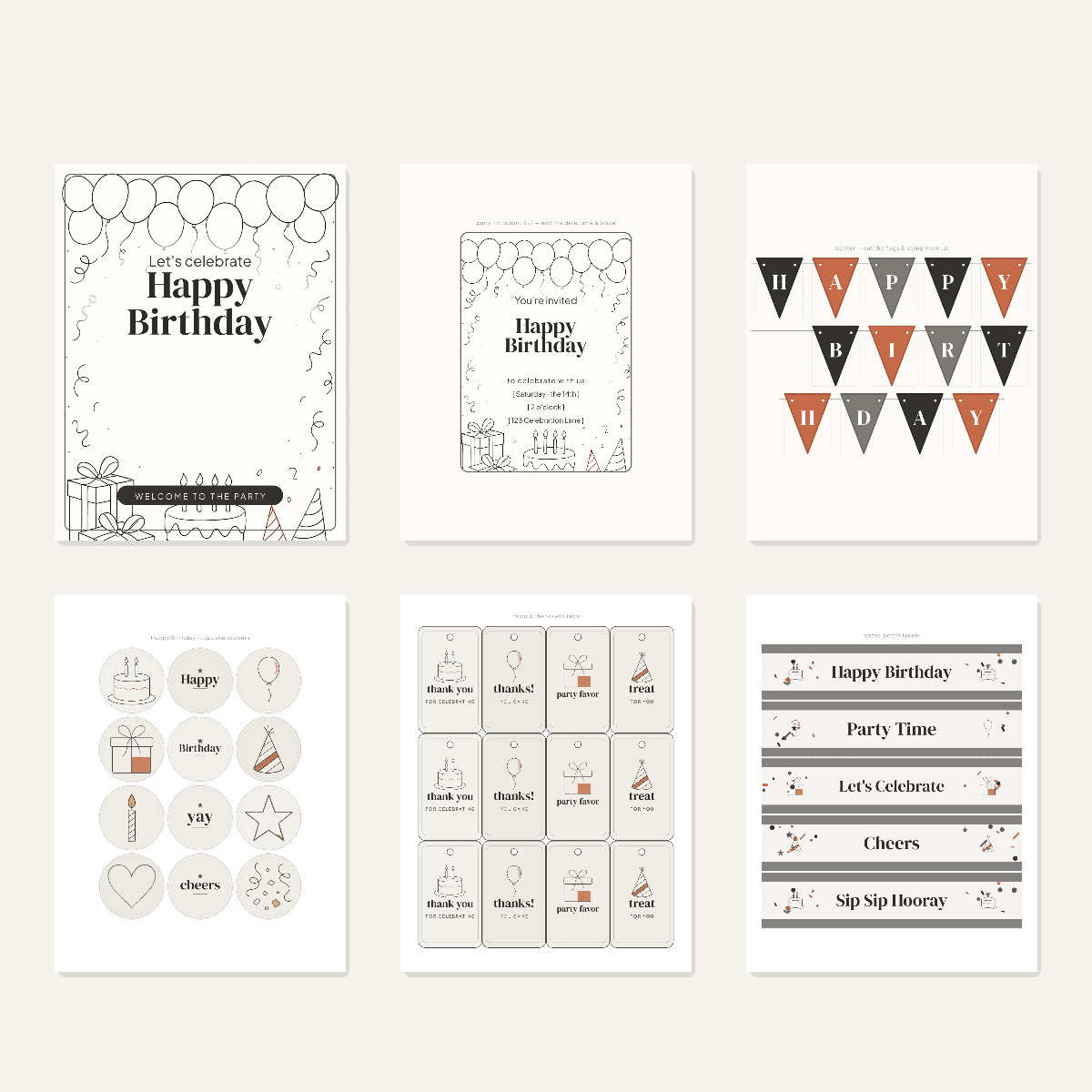 Birthday Party Printables — Minimalist Line-Art (Invitation, Banner, Cupcake Toppers, Tags, Labels & Welcome Sign) — Printable PDF + SVG preview 3