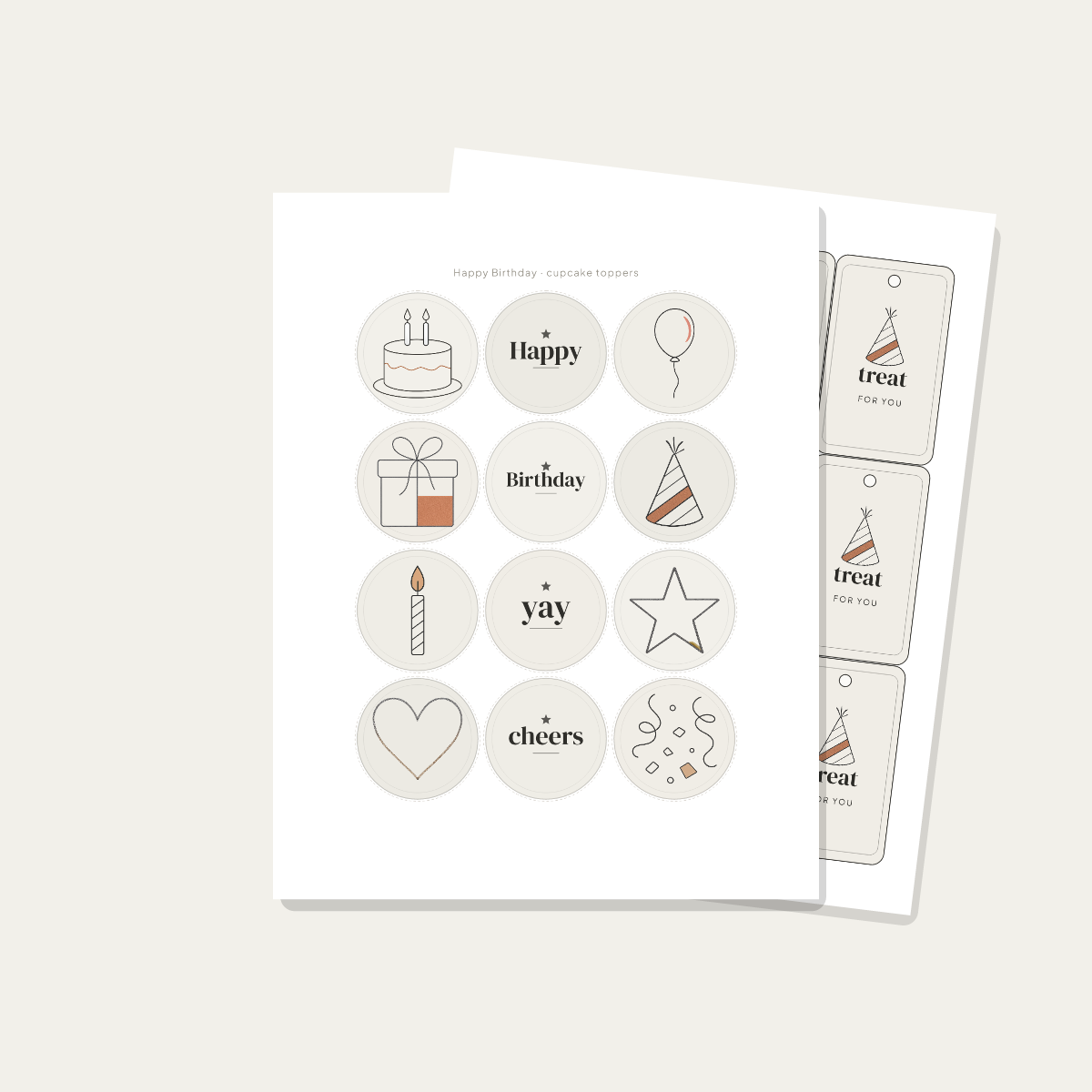 Birthday Party Printables — Minimalist Line-Art (Invitation, Banner, Cupcake Toppers, Tags, Labels & Welcome Sign) — Printable PDF + SVG preview 4