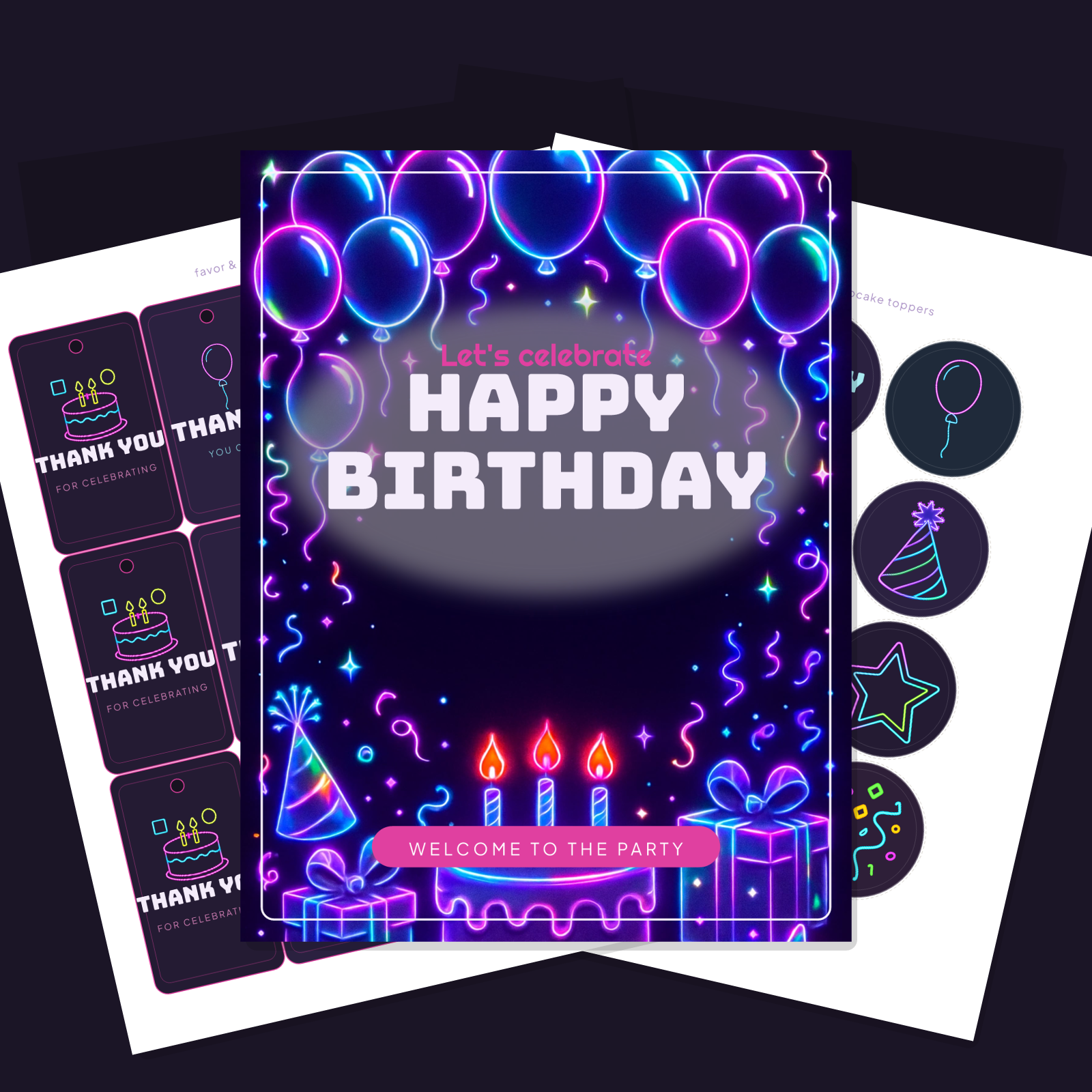 Birthday Party Printables — Neon Y2K (Invitation, Banner, Cupcake Toppers, Tags, Labels & Welcome Sign) — Printable PDF + SVG